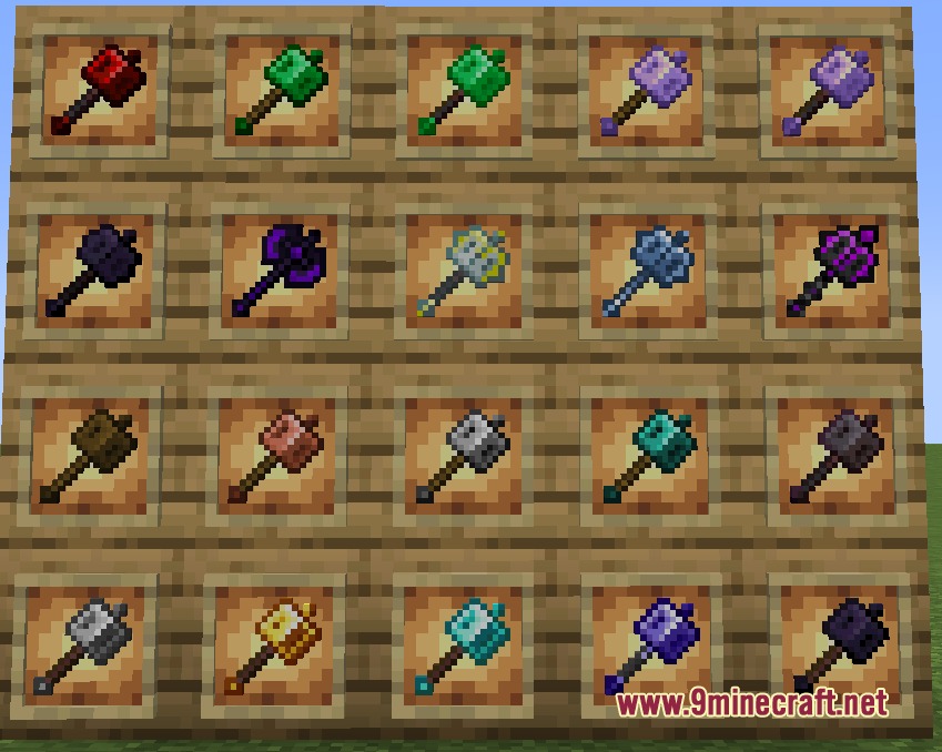 More Upgrade Template 更多锻造模板 Mod Screenshot 3 A collection of colorful maces made from different materials in item frames