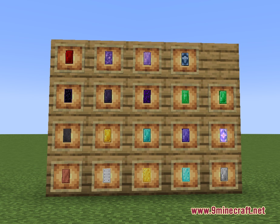 More Upgrade Template 更多锻造模板 Mod Screenshot 4 Various smithing templates for upgrading equipment displayed on a wooden wall