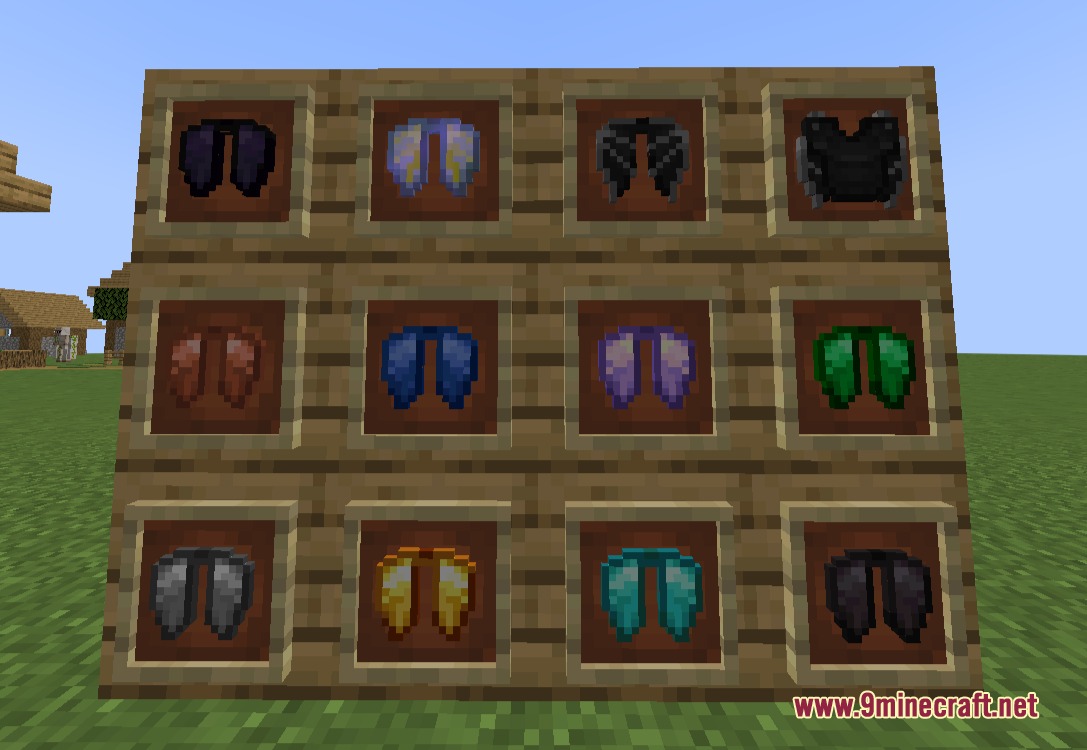 More Upgrade Template 更多锻造模板 Mod Screenshot 5 Various colored elytra wings displayed in item frames on a wooden wall