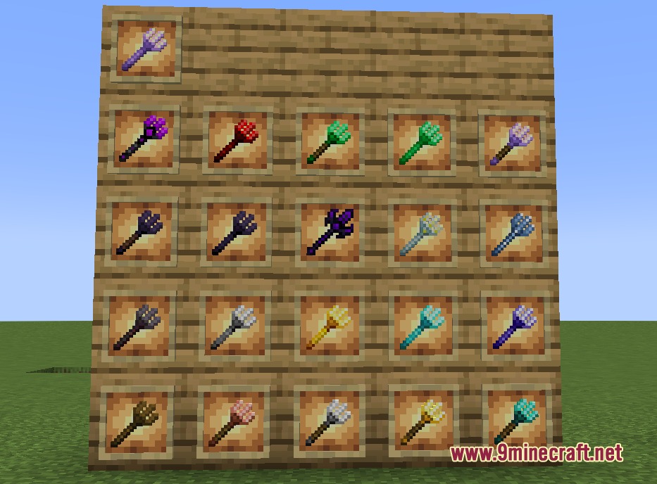 More Upgrade Template 更多锻造模板 Mod Screenshot 7 Various colorful tridents displayed in item frames on a wooden wall