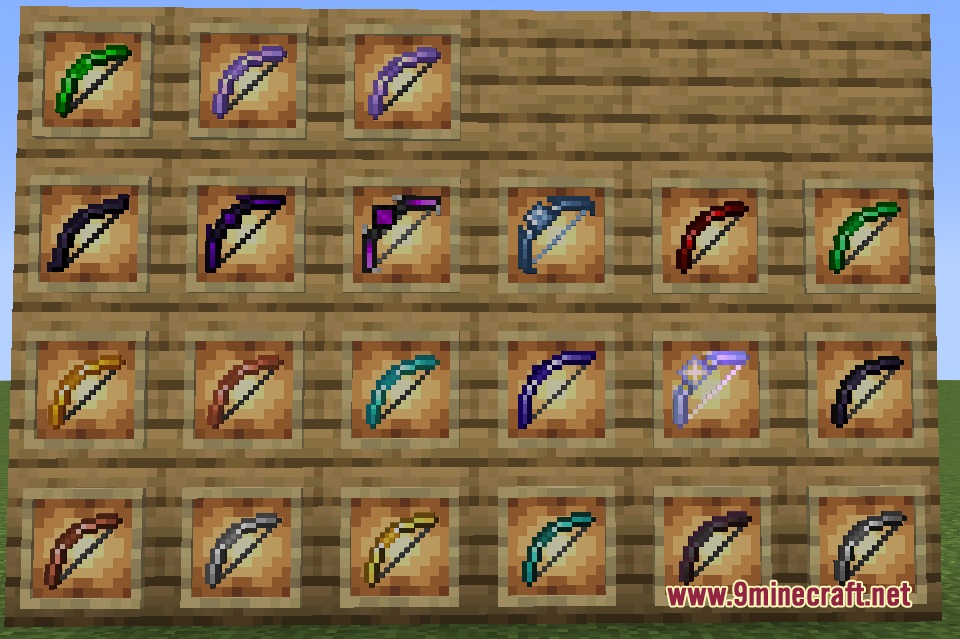 More Upgrade Template 更多锻造模板 Mod Screenshot 8 Various colorful bows displayed in item frames on a wooden wall