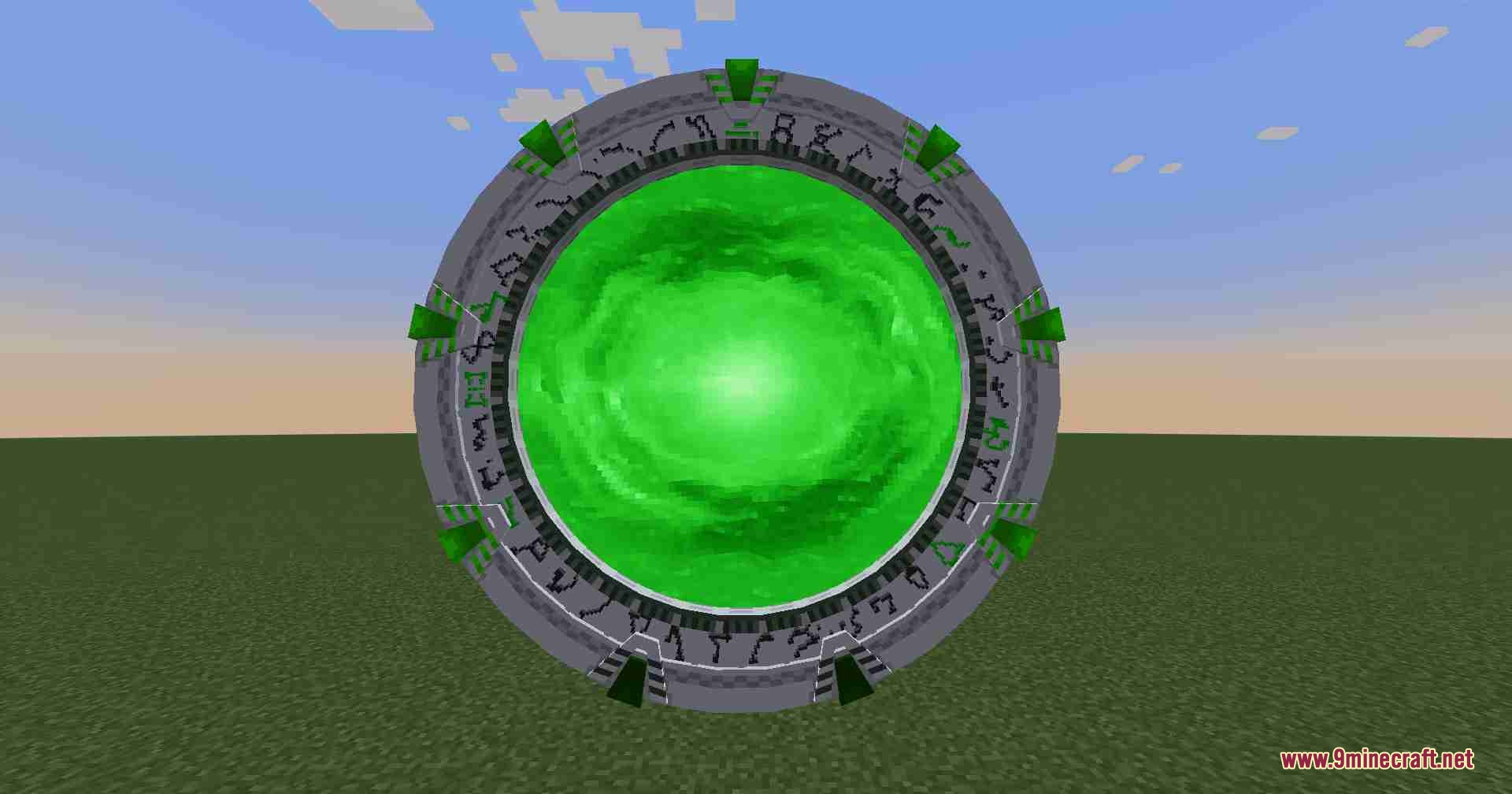 Moregate Mod Screenshot 4 A green Stargate with glowing symbols standing on a flat grass field