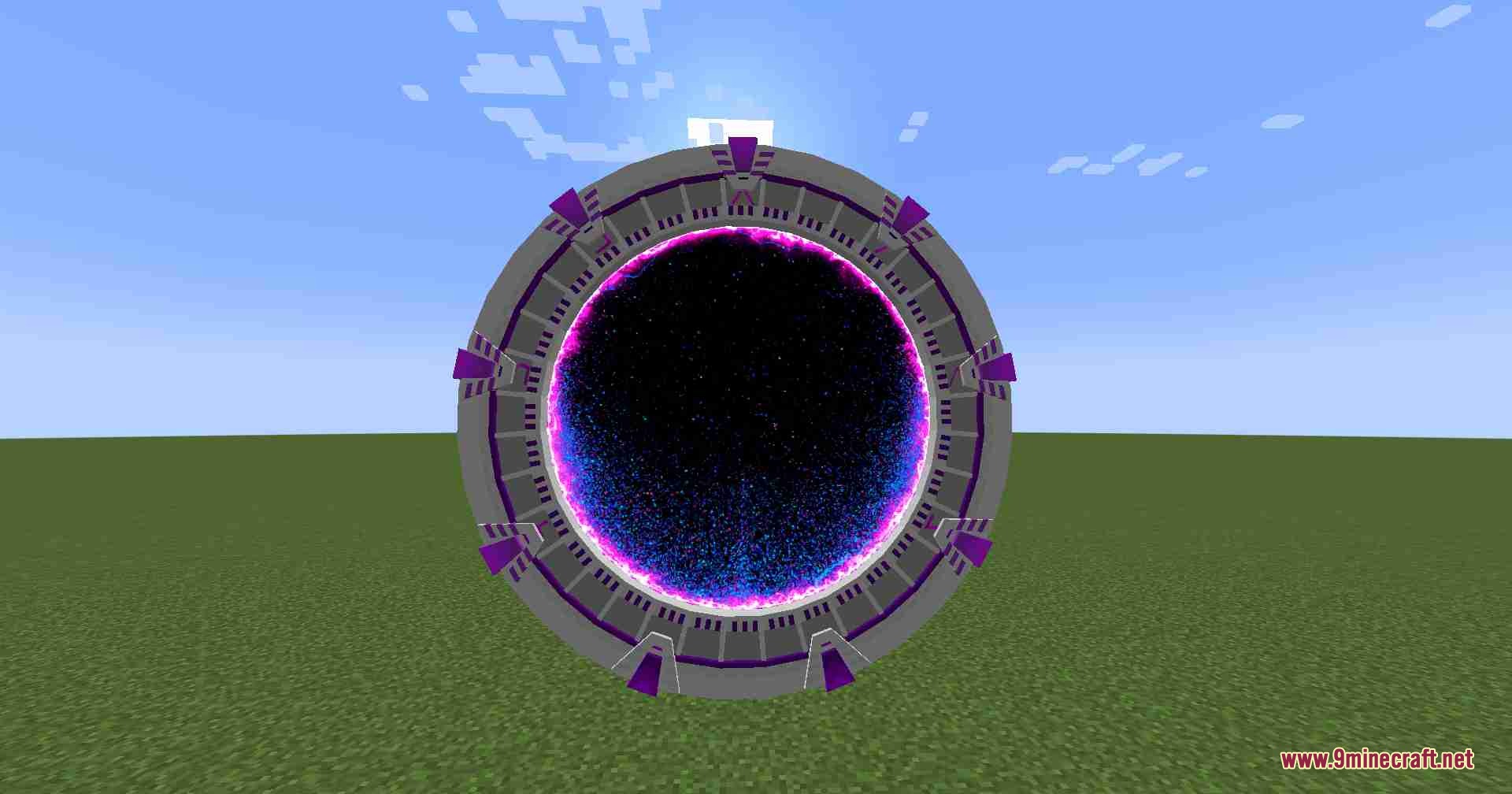 Moregate Mod Screenshot 5 A grey stargate with purple chevrons and a dark starry event horizon