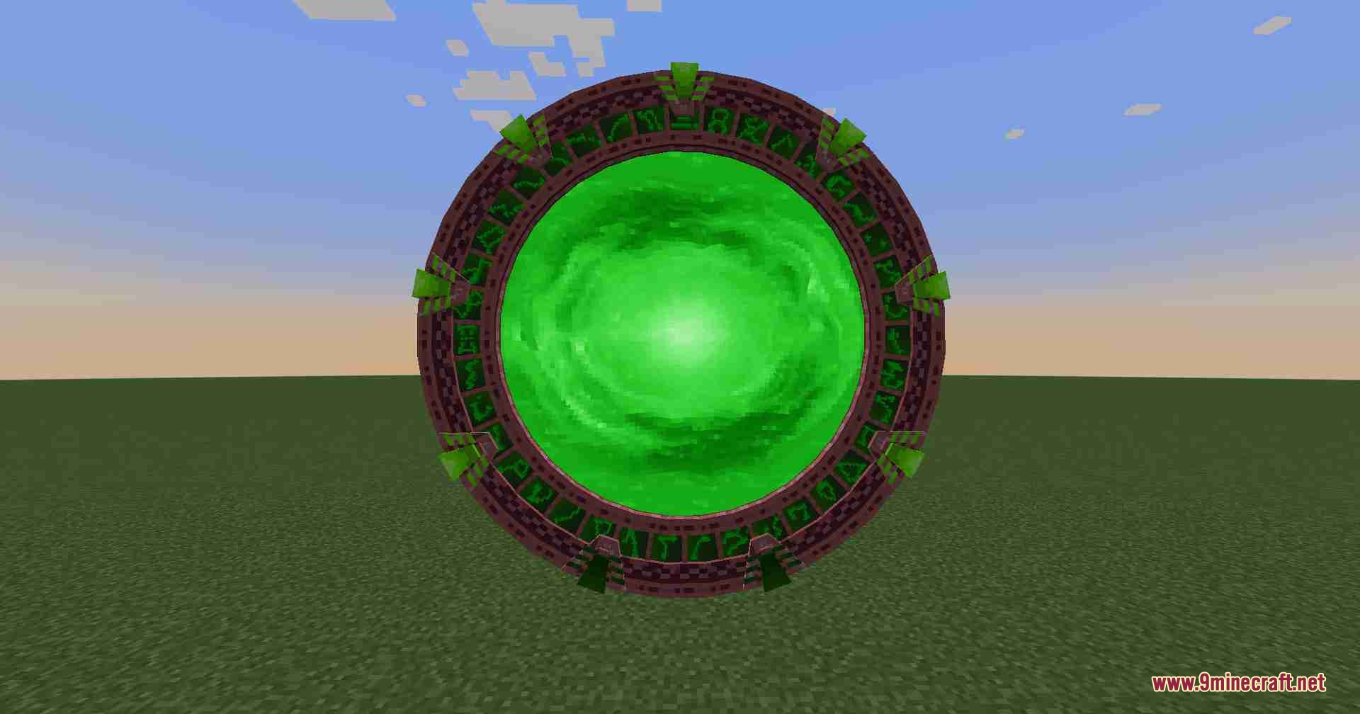 Moregate Mod Screenshot 6 A green stargate with glowing symbols and a bright green swirling portal