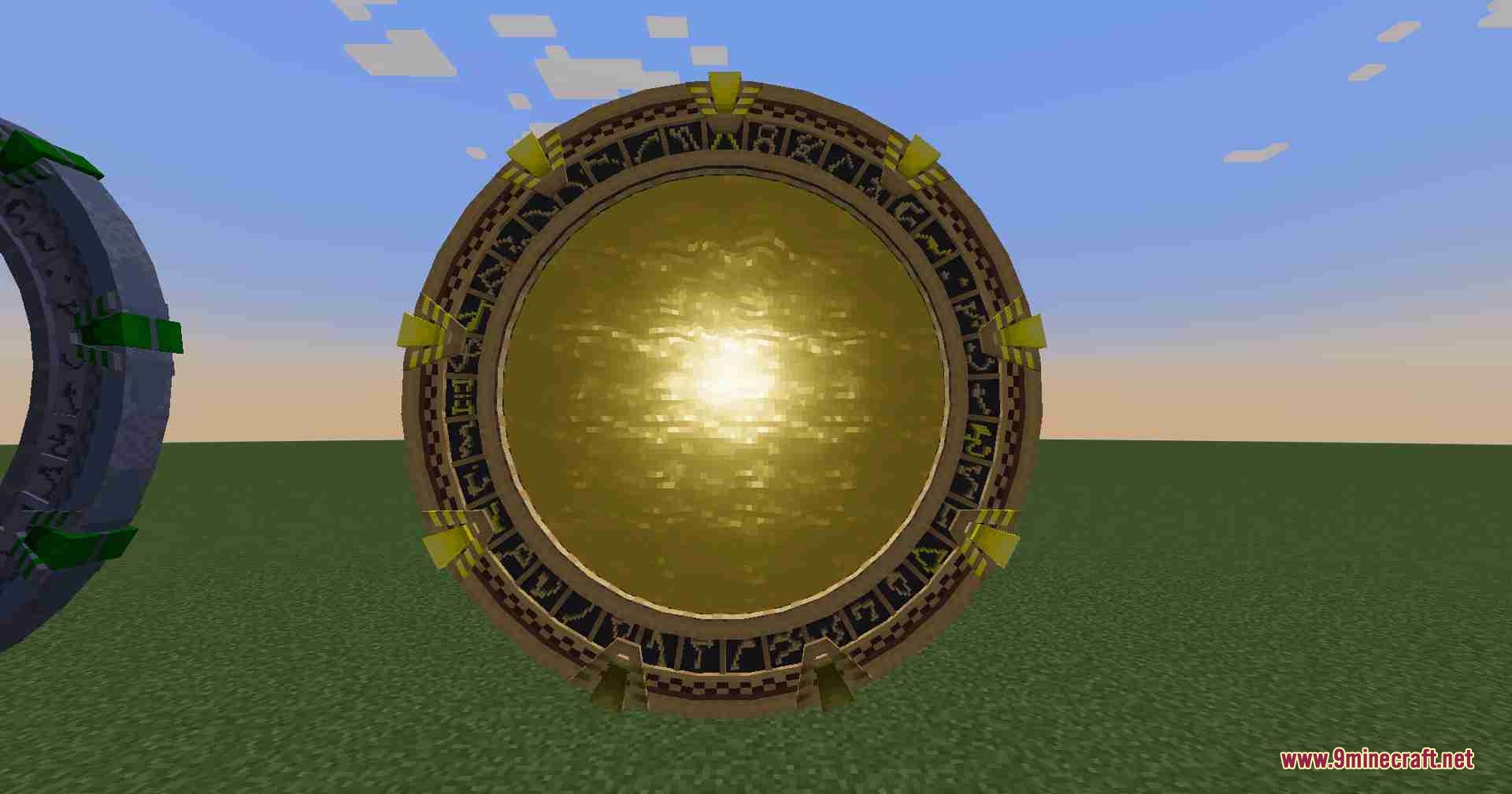 Moregate Mod Screenshot 7 A brass colored Stargate with a glowing yellow event horizon in Minecraft