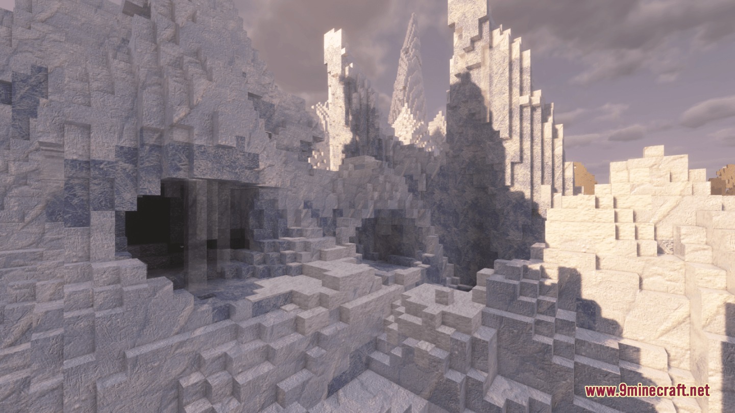 Mostly True Above Resource Pack Screenshot 1 Jagged icy cliffs and a dark cave opening with high resolution textures