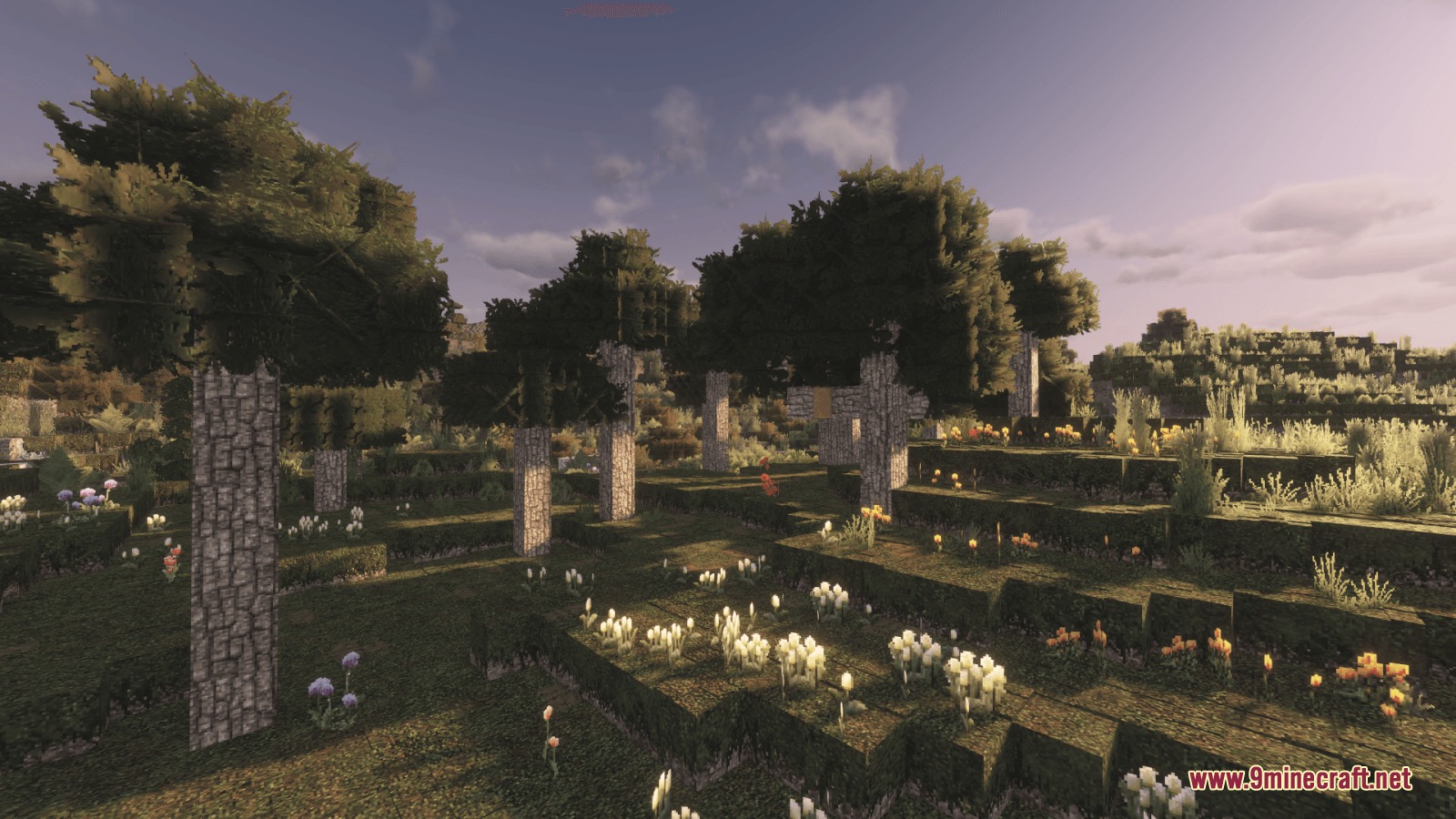 Mostly True Above Resource Pack Screenshot 2 A lush meadow filled with white flowers and trees featuring realistic bark