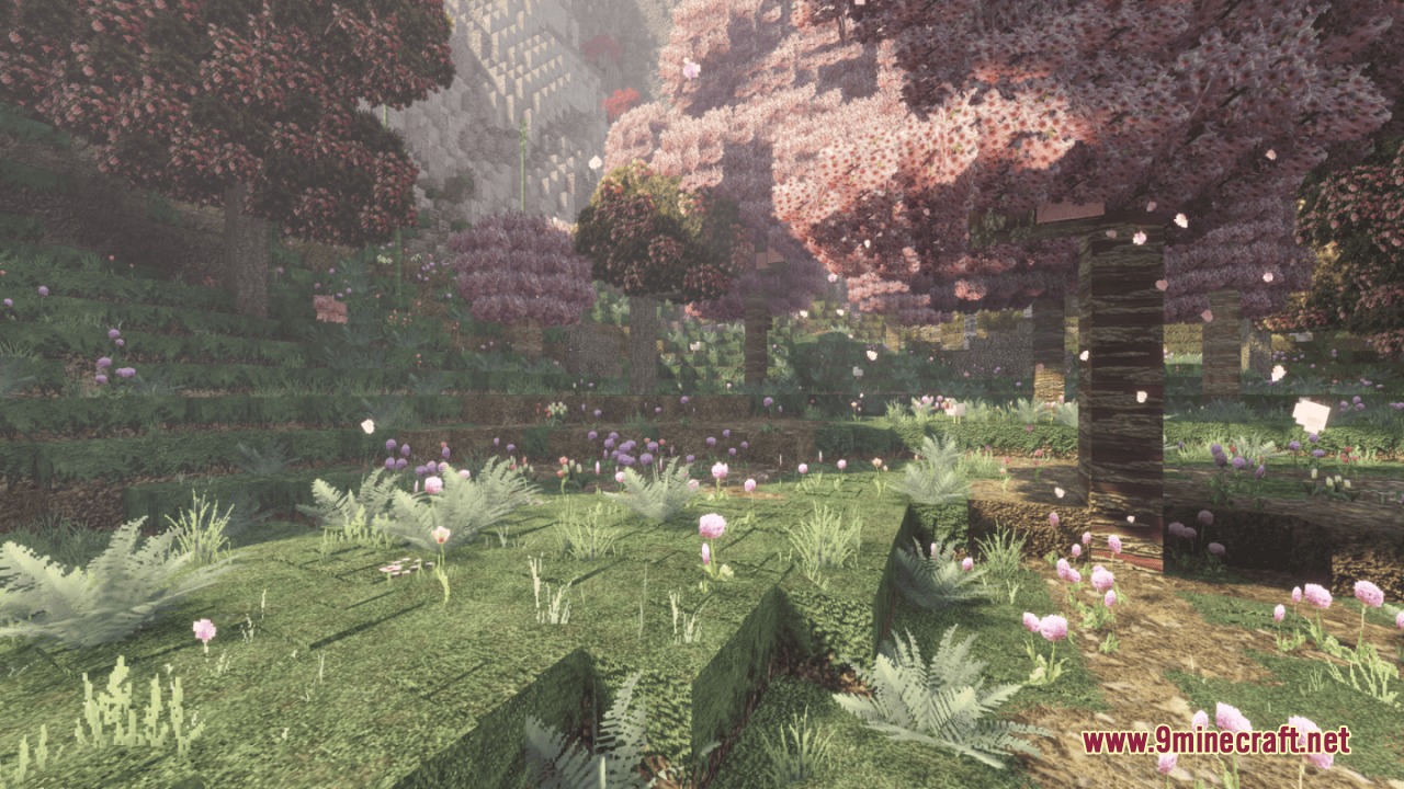 Mostly True Above Resource Pack Screenshot 7 Scenic cherry grove biome with realistic pink blossoms and colorful flowers on grass