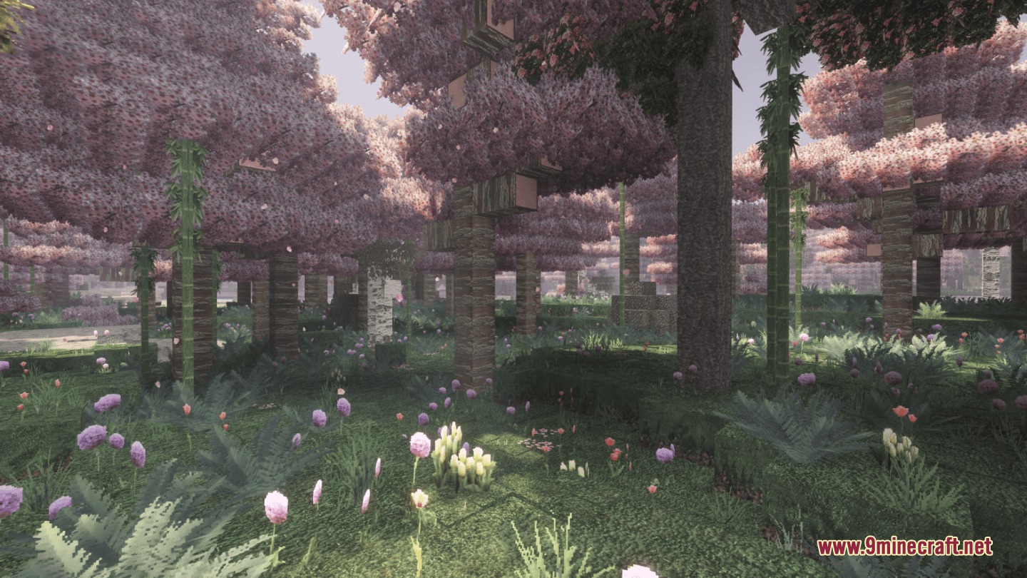 Mostly True Above Resource Pack Screenshot 8 Realistic cherry blossom trees and bamboo stalks growing in a lush forest biome