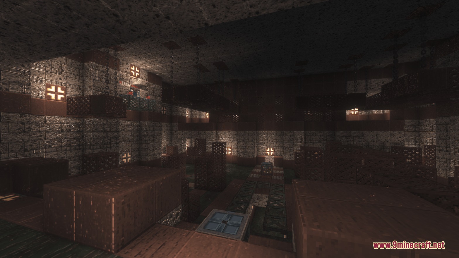 Mostly True Beneath Resource Pack Screenshot 1 Detailed copper blocks and glowing wall lights inside a dark trial chamber