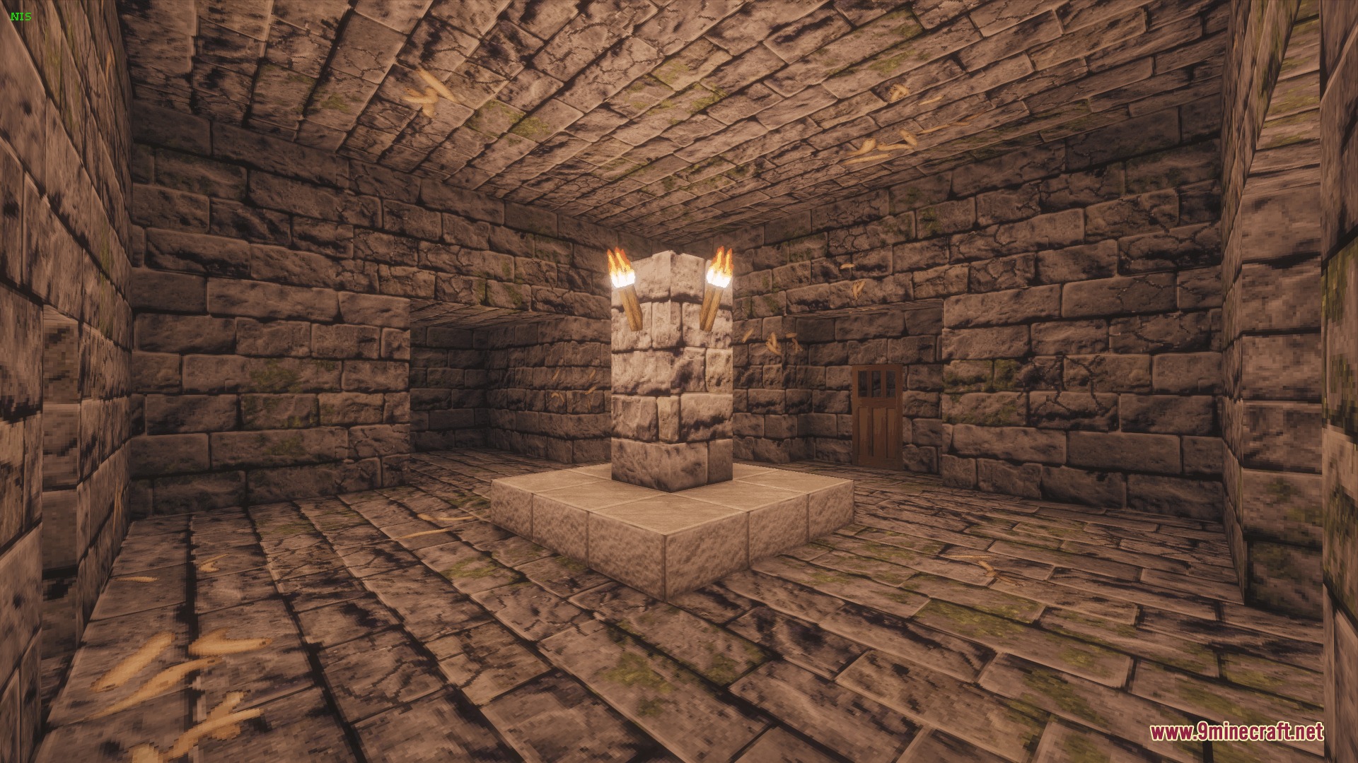 Mostly True Beneath Resource Pack Screenshot 2 Realistic mossy stone bricks in a stronghold room with a torch pillar