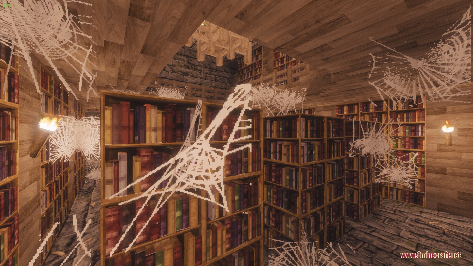Mostly True Beneath Resource Pack Screenshot 3 Realistic cobwebs and bookshelves fill an abandoned library deep underground in Minecraft