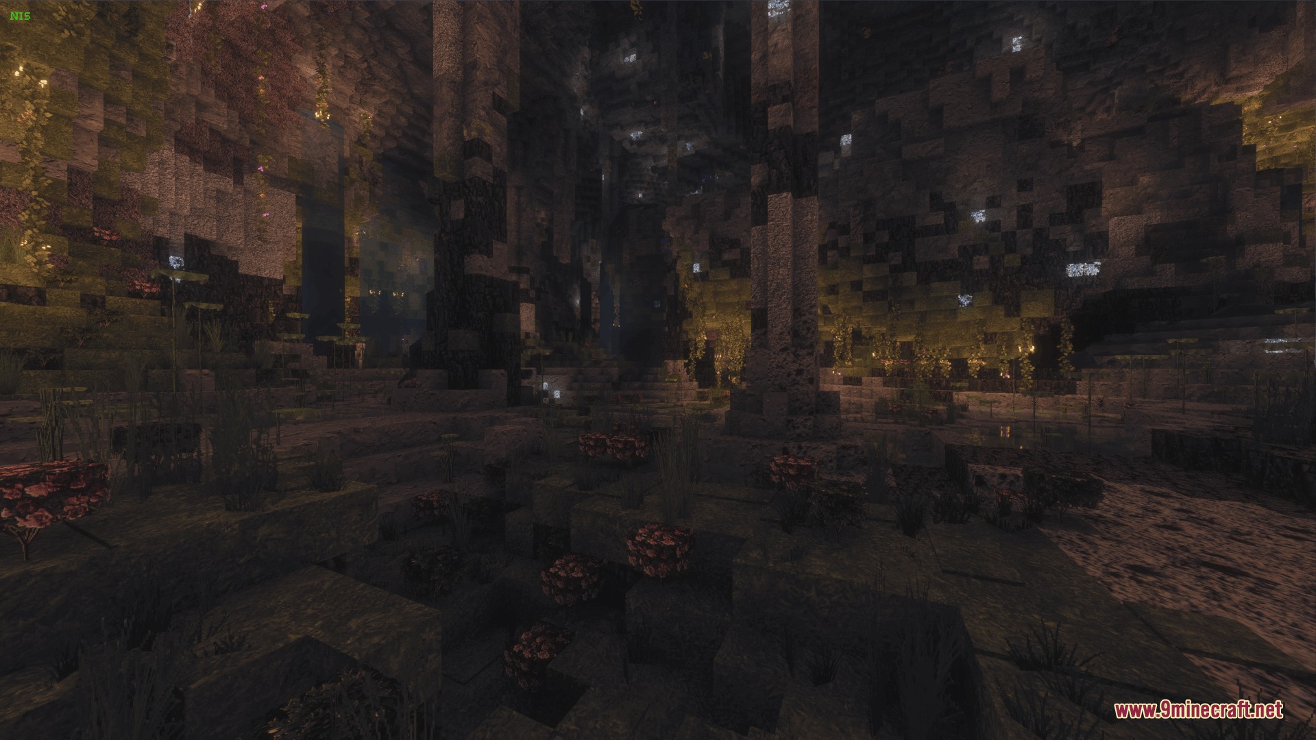 Mostly True Beneath Resource Pack Screenshot 4 Detailed stone pillars and cave flora inside a large dark subterranean chamber