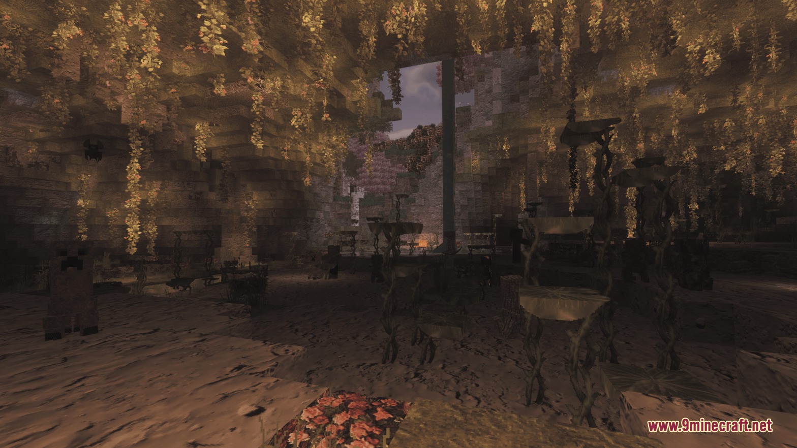 Mostly True Beneath Resource Pack Screenshot 6 Realistic vines and flora decorate a lush cave with a creeper lurking nearby