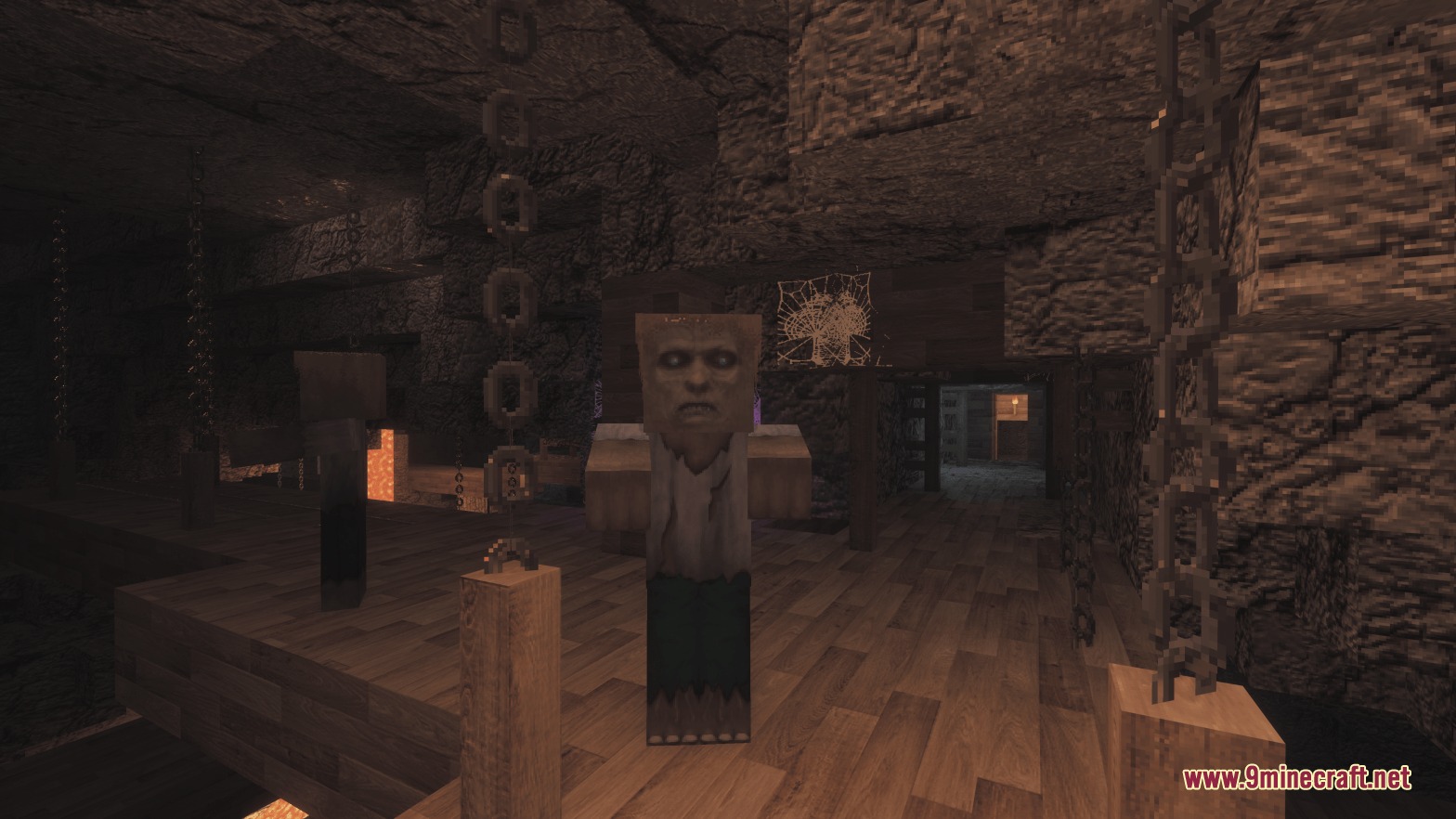 Mostly True Beneath Resource Pack Screenshot 7 A creepy mob with a realistic face stands in a dark underground dungeon