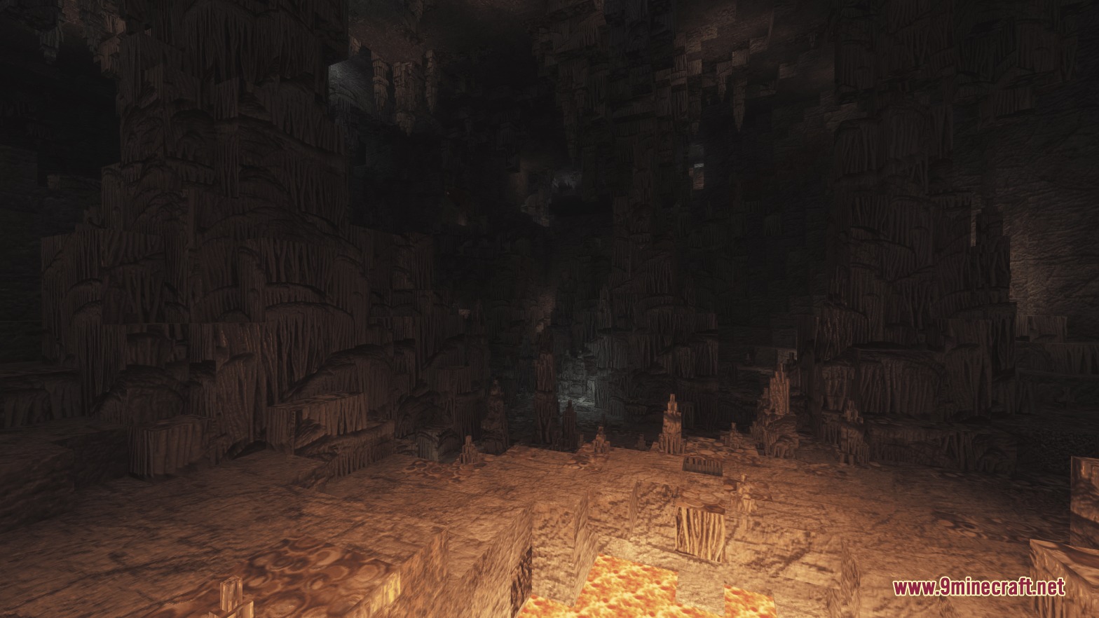 Mostly True Beneath Resource Pack Screenshot 8 Detailed rock textures and dripstone formations fill a massive cavern with glowing lava