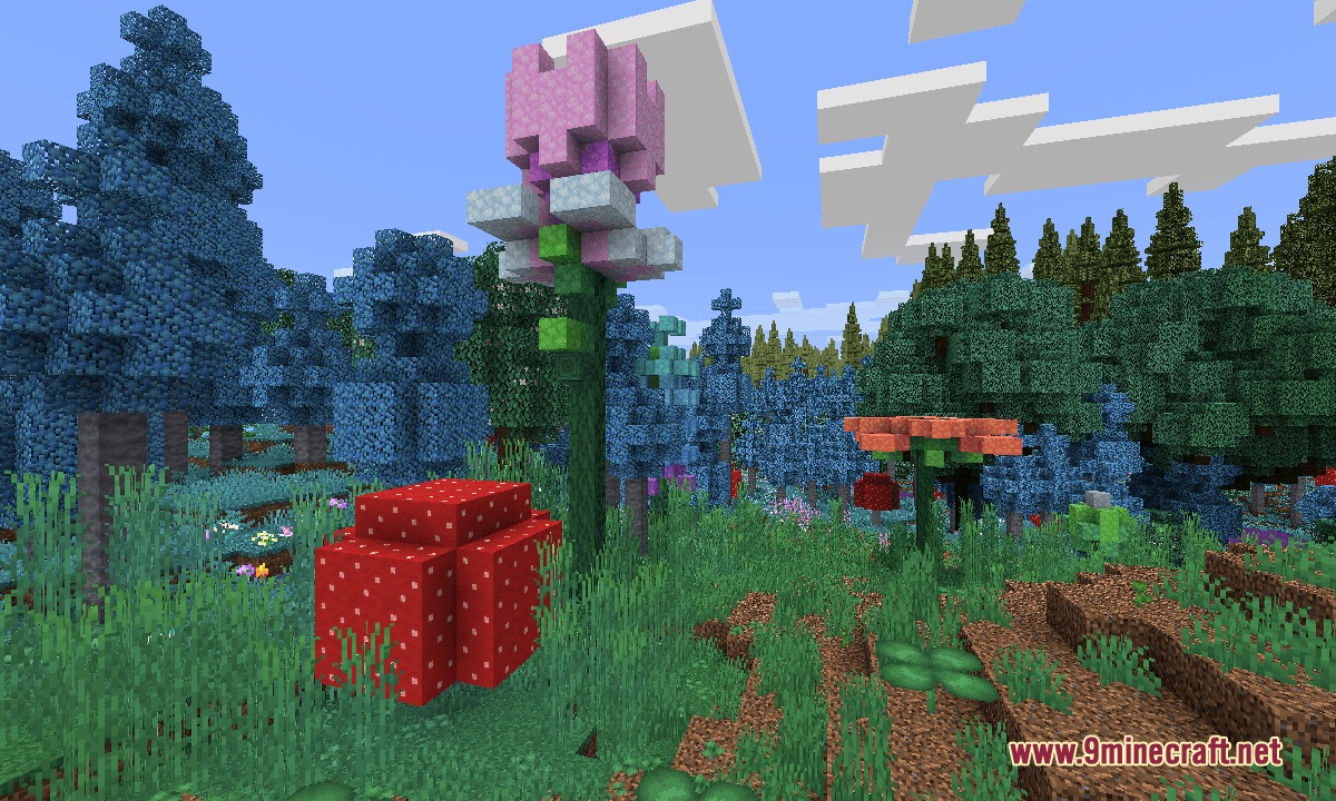 Mostly True So Plenty Resource Pack Screenshot 1 A giant pink flower and red mushroom block in a blue forest biome