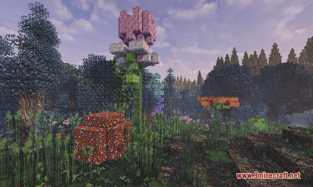 Mostly True So Plenty Resource Pack Screenshot 3 A giant pink flower and red mushroom block in a realistic forest biome