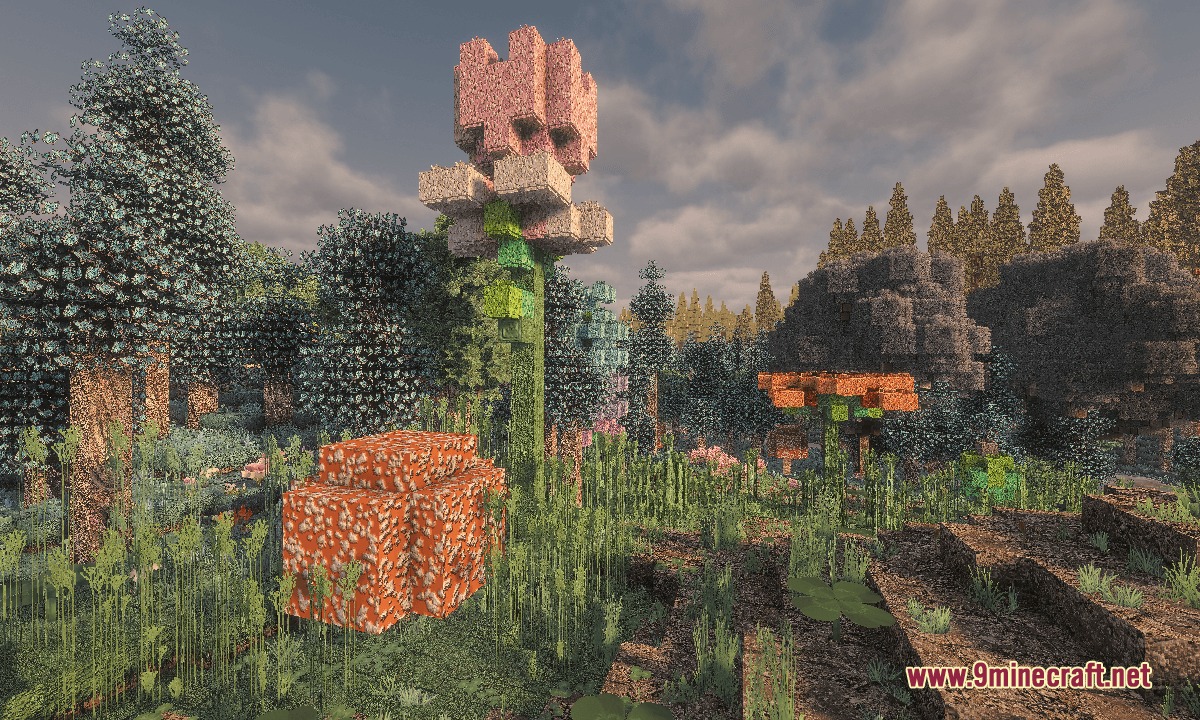 Mostly True So Plenty Resource Pack Screenshot 4 Sunlight shining on a massive pink flower and red toadstool in the woods