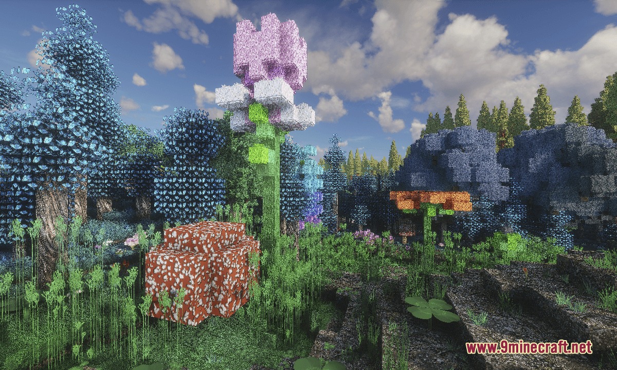 Mostly True So Plenty Resource Pack Screenshot 5 Giant pink flower in a forest with blue trees and red toadstools