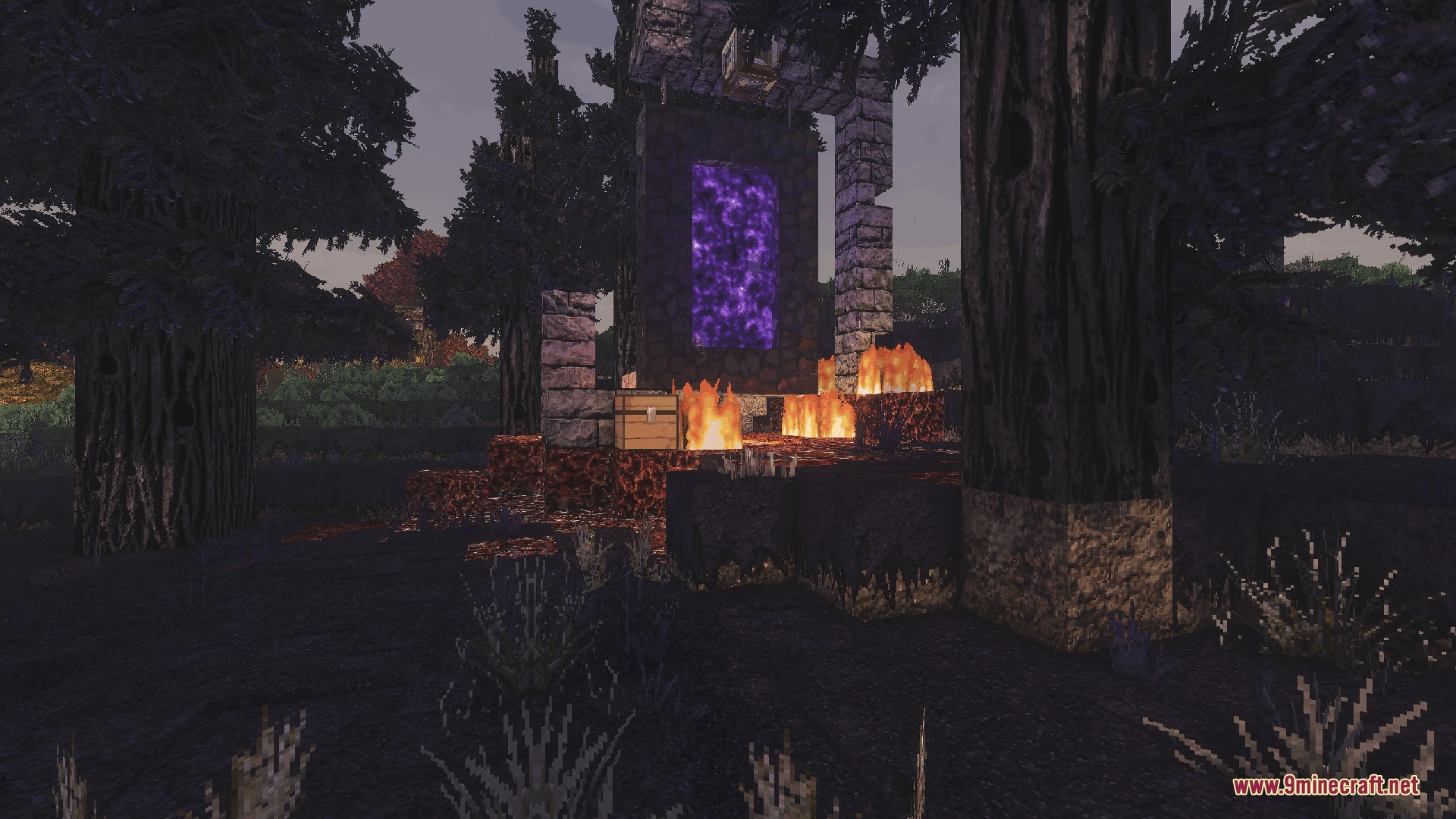 Mostly True So Plenty Resource Pack Screenshot 8 Ruined Nether portal stands amidst burning ground and dark realistic trees