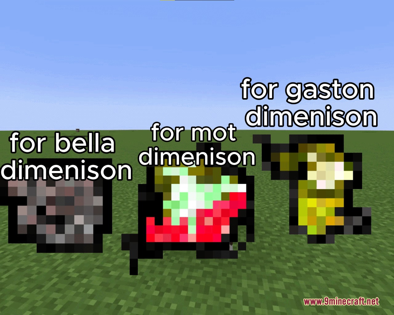 Motball Craft Mod Screenshot 1 Three custom portal ingots from the Motball Craft Mod displayed on grass