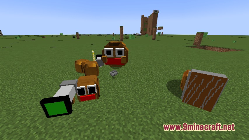 Motball Craft Mod Screenshot 2 Goofy square creatures with faces and weapons gather in a flat world