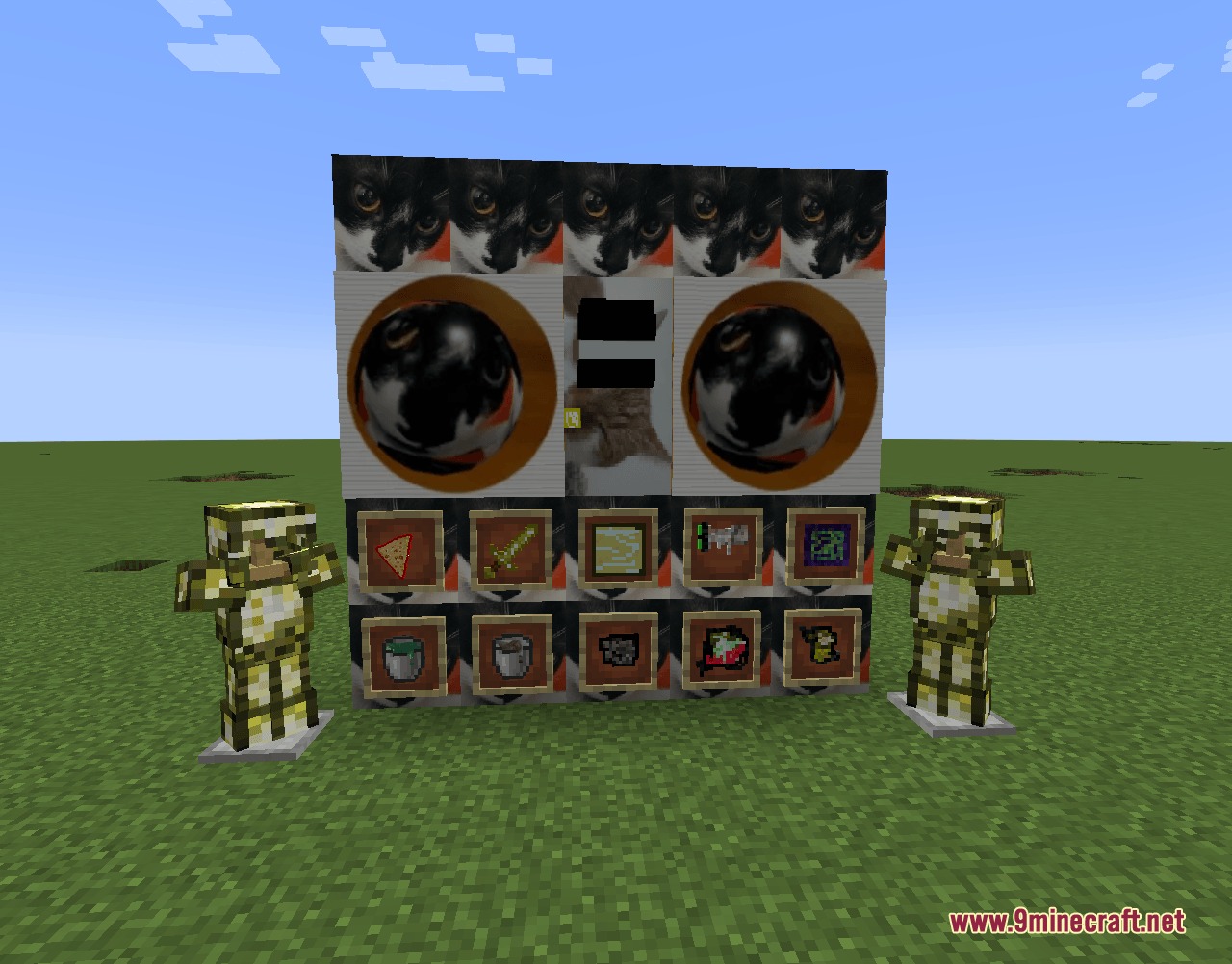 Motball Craft Mod Screenshot 3 Motball Craft Mod features cat themed blocks and cheese armor on display stands