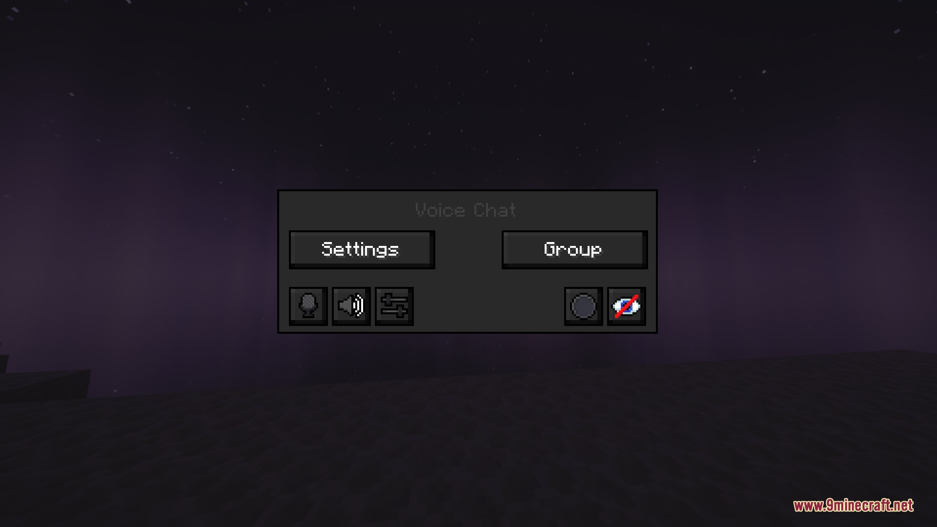 Motifity's GUI Simple GUI Resource Pack Screenshot 1 Dark themed voice chat menu with settings and group buttons in Minecraft