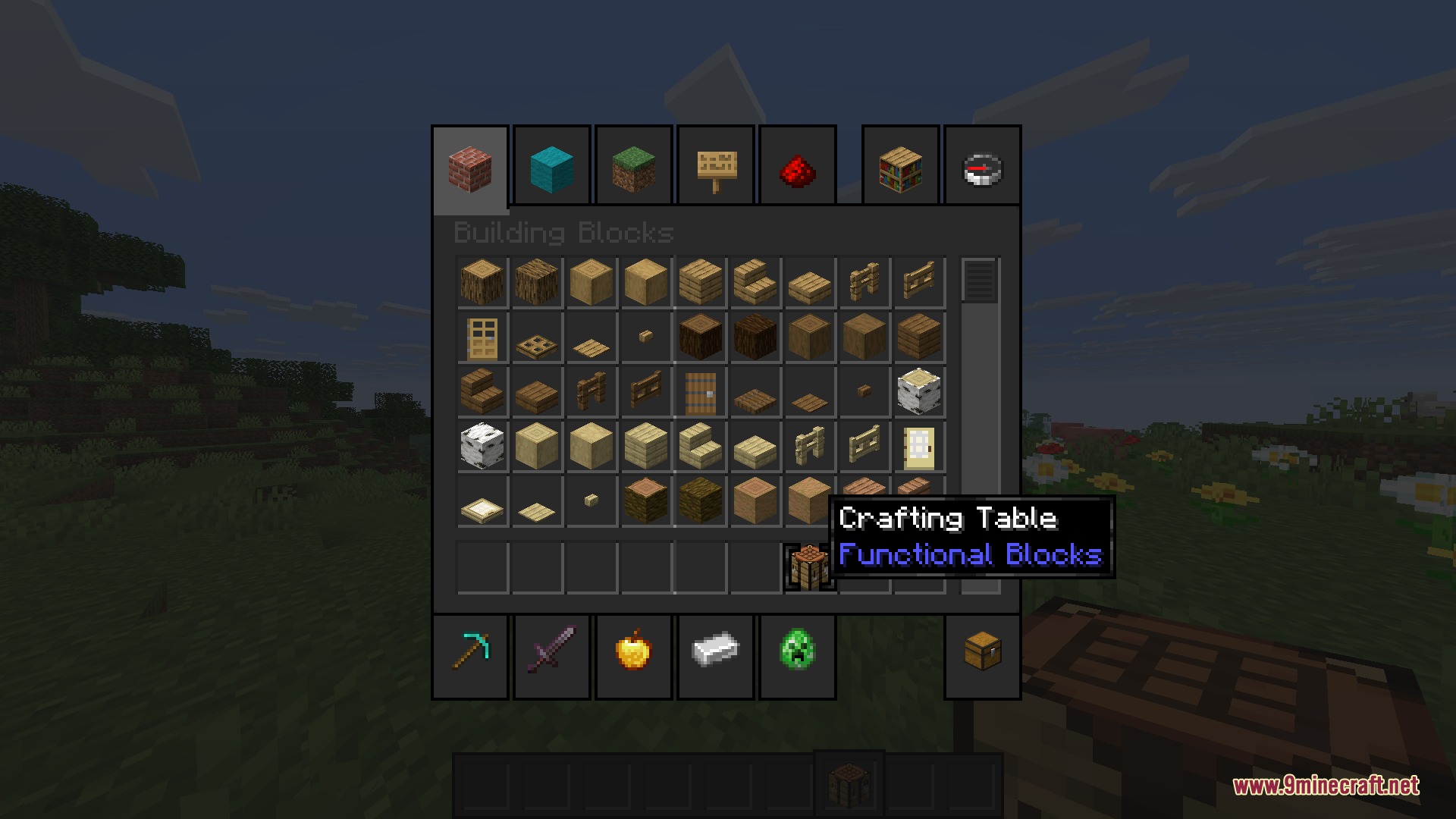 Motifity's GUI Simple GUI Resource Pack Screenshot 4 Dark themed creative inventory screen showing building blocks and a crafting table tooltip