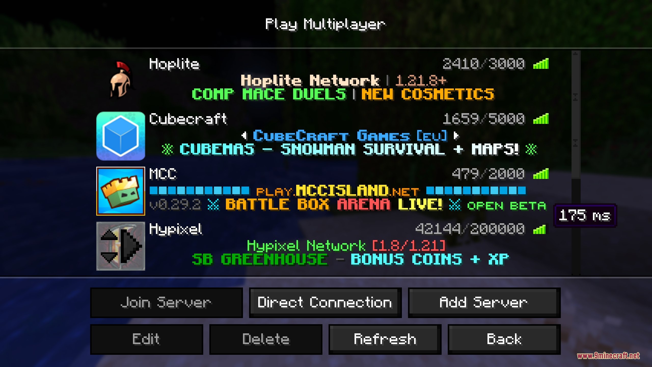 Motifity's GUI Simple GUI Resource Pack Screenshot 6 Multiplayer server list showing popular servers with a dark user interface design