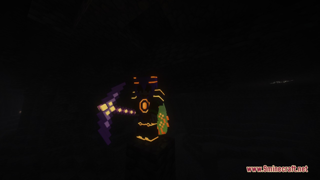 Mr Swords & Tools 3D Vanilla Glowing Resource Pack Screenshot 2 Character wielding a glowing 3D purple pickaxe in a dark Minecraft cave