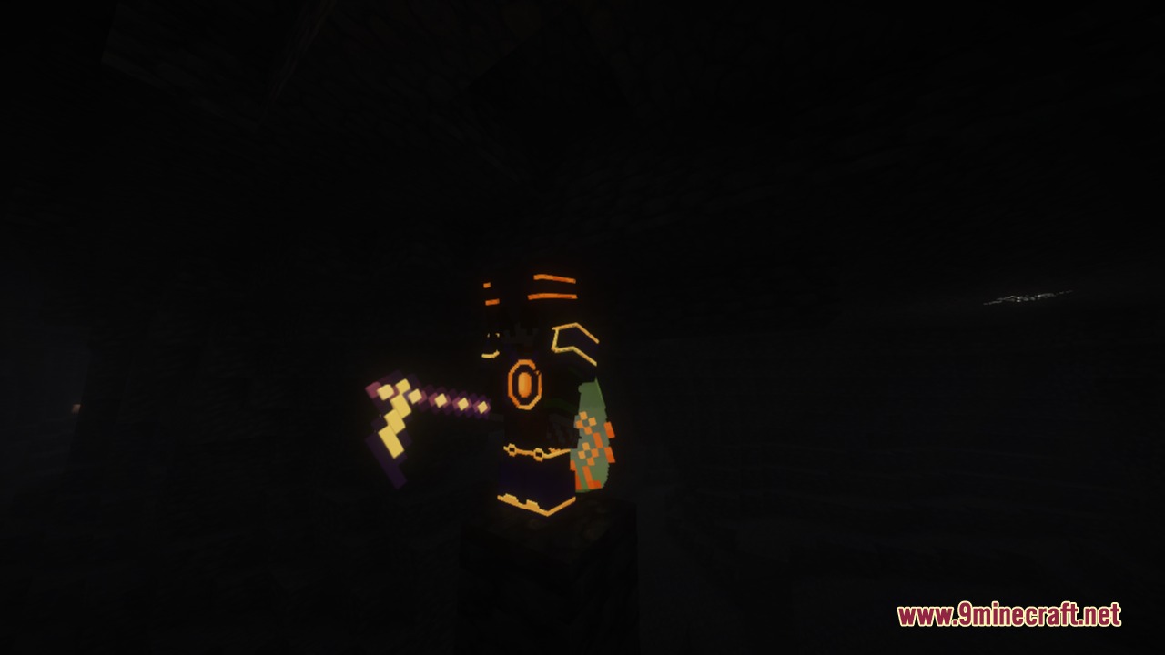 Mr Swords & Tools 3D Vanilla Glowing Resource Pack Screenshot 5 Luminous 3D pickaxe and gear glowing in a dark cave