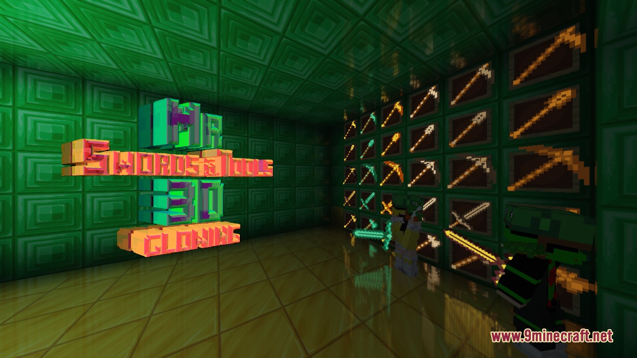 Mr Swords & Tools 3D Vanilla Glowing Resource Pack Screenshot 6 Display of various glowing 3D swords and tools on walls