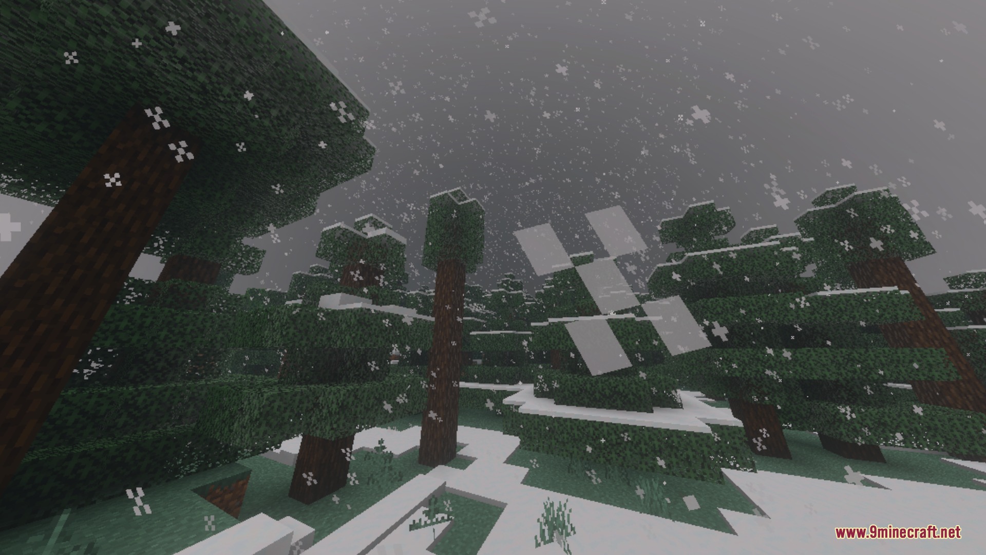 Mr.Atlaz's COMPLETELY NORMAL RTX Shader Screenshot 10 A snowy spruce forest biome in Minecraft with custom atmospheric fog effects