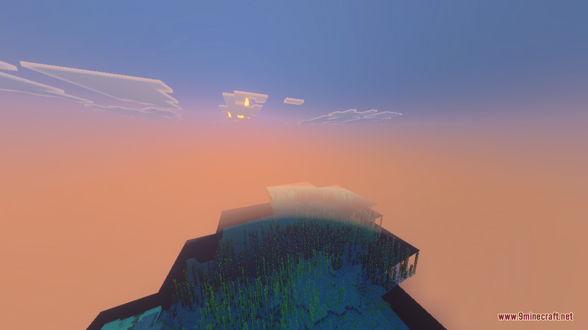 Mr.Atlaz's COMPLETELY NORMAL RTX Shader Screenshot 2 A warm orange sunset glows over a misty ocean filled with green kelp