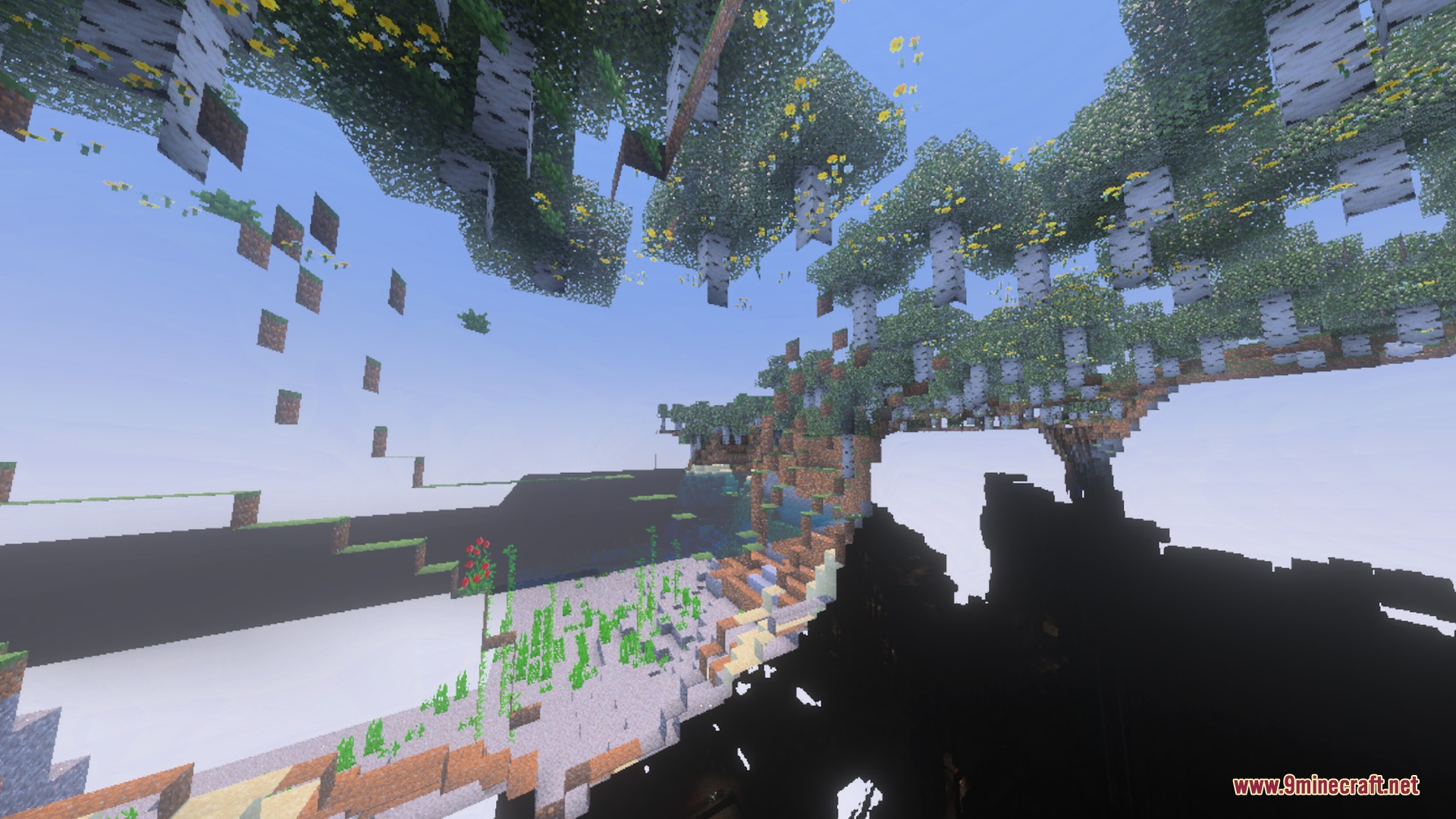Mr.Atlaz's COMPLETELY NORMAL RTX Shader Screenshot 3 Floating birch trees and glitched terrain blocks under a bright blue sky