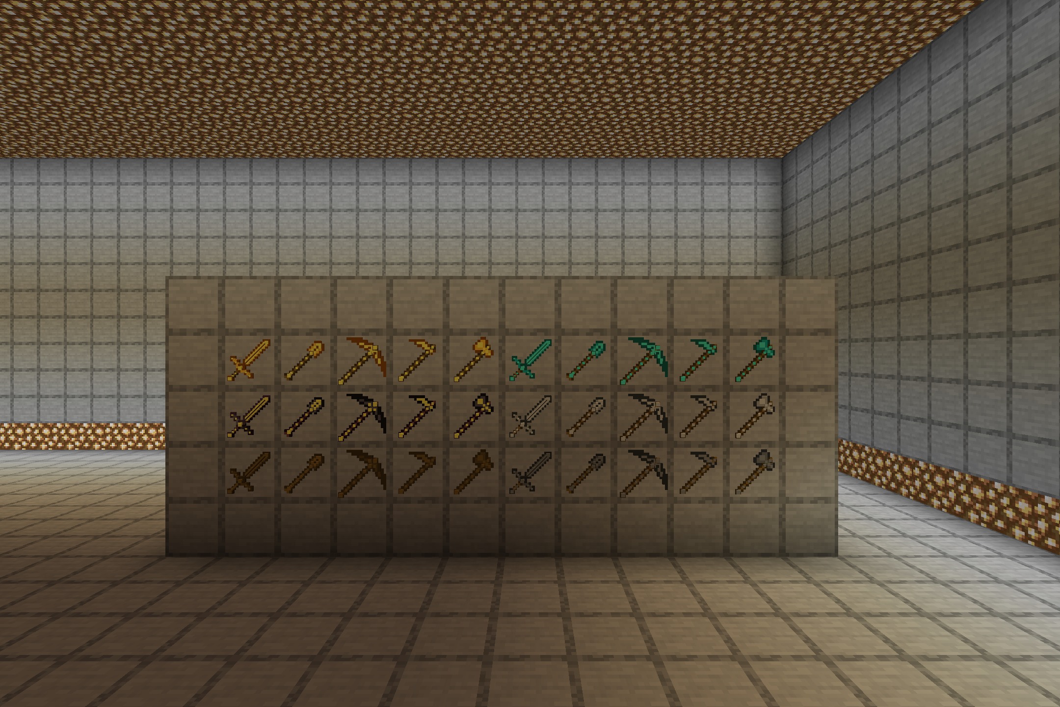 MrSwords & Tools 3D Glowing Resource Pack Screenshot 1 A wall of item frames displaying various 3D Minecraft tools and weapons