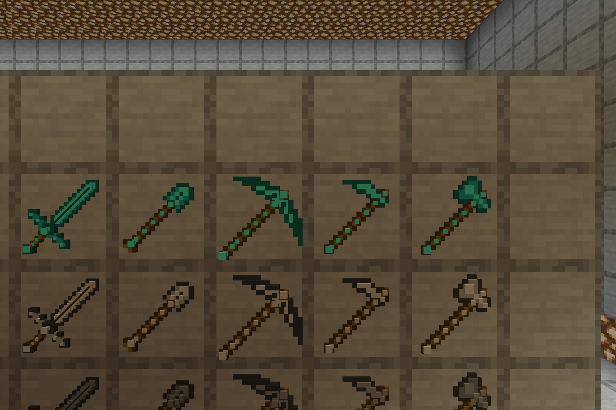 MrSwords & Tools 3D Glowing Resource Pack Screenshot 2 Close up view of 3D diamond and iron tools in item frames