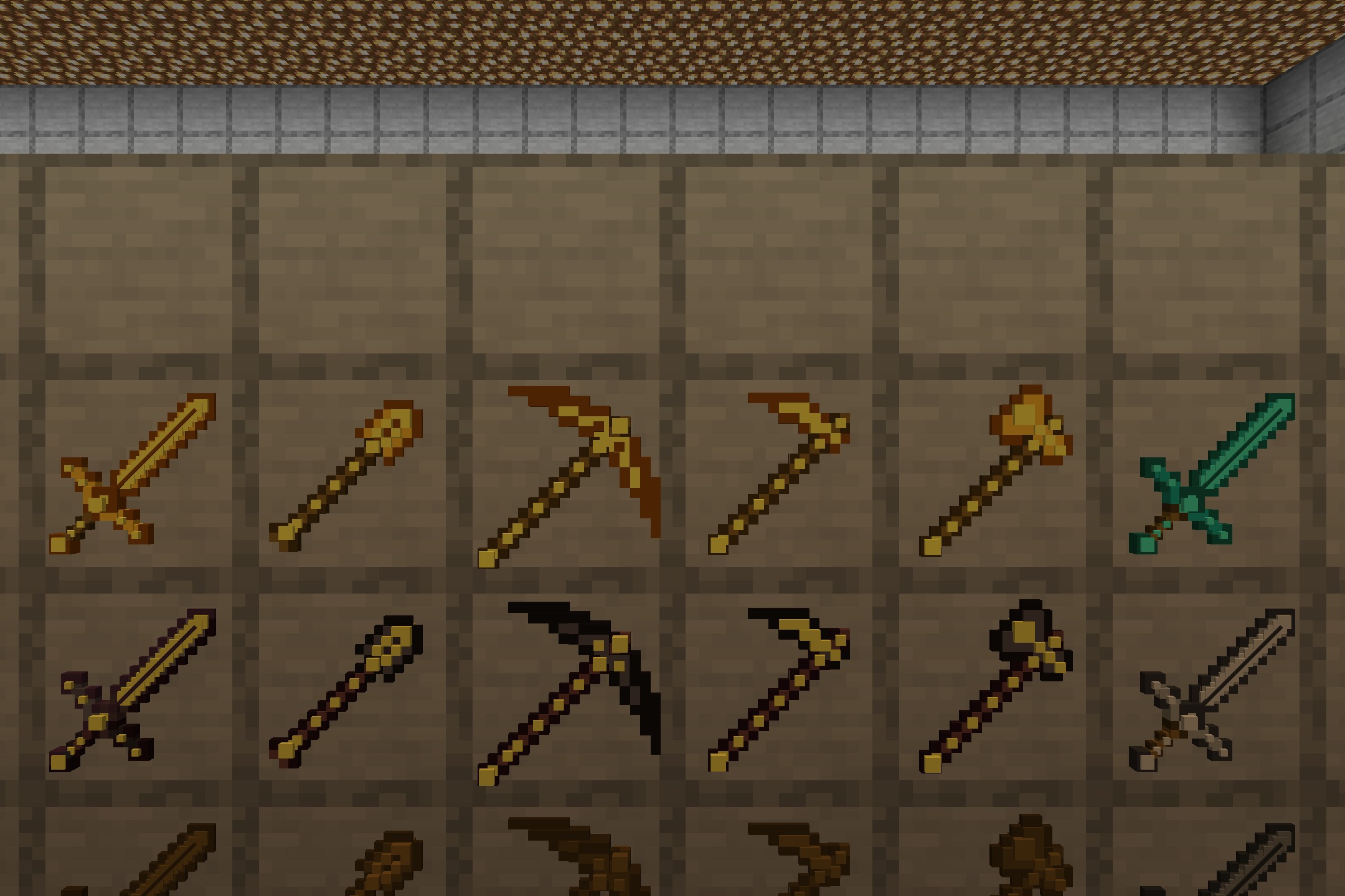 MrSwords & Tools 3D Glowing Resource Pack Screenshot 3 A grid of item frames displaying various 3D glowing swords and mining tools