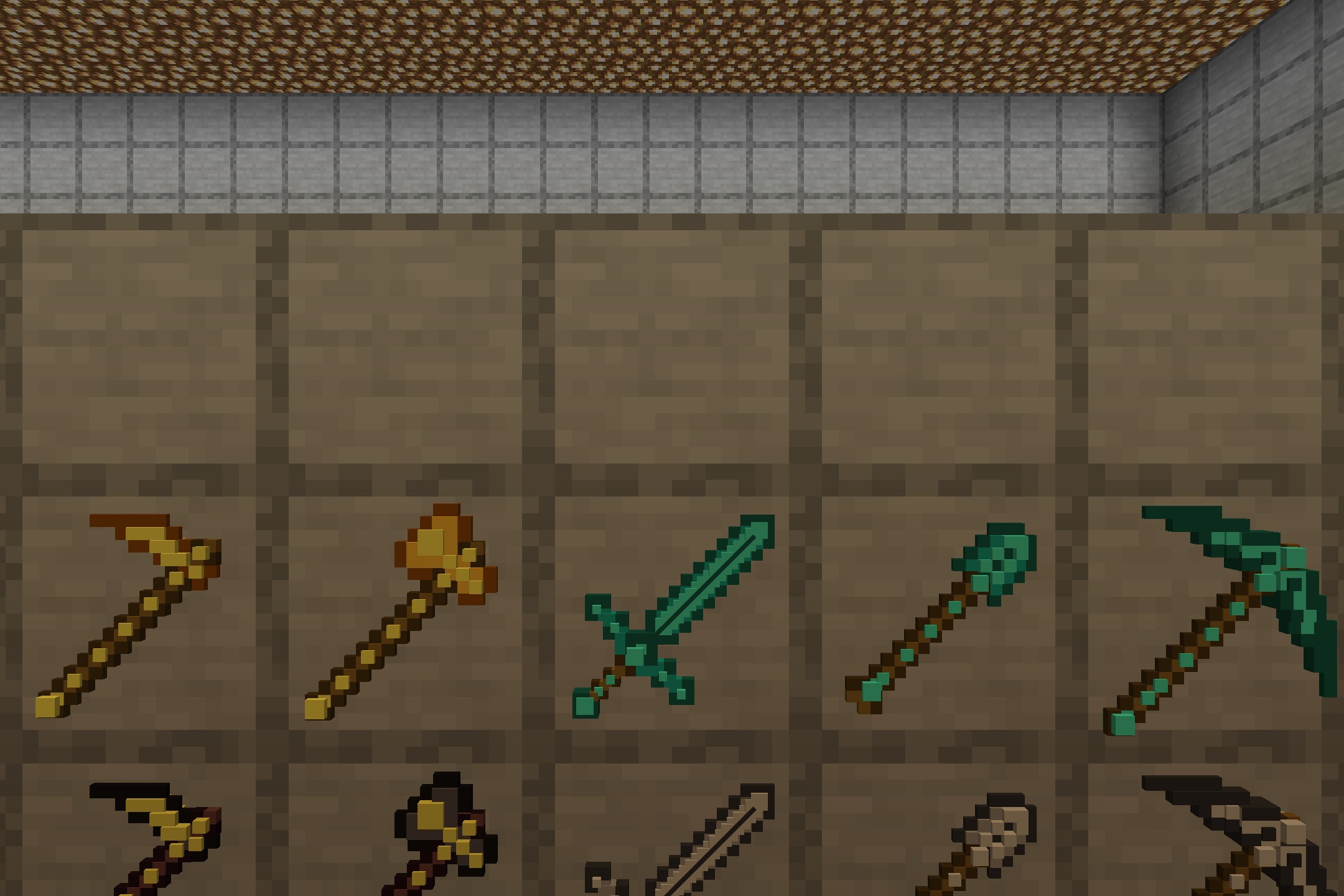 MrSwords & Tools 3D Glowing Resource Pack Screenshot 4 Close up view of 3D glowing diamond and gold tools in item frames