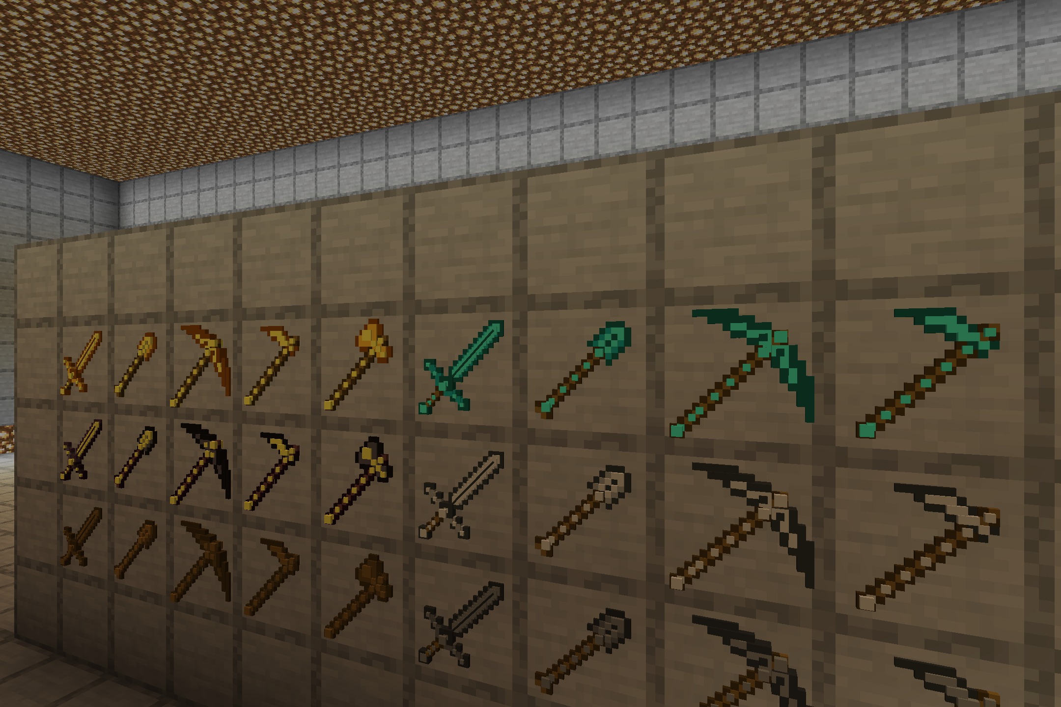 MrSwords & Tools 3D Glowing Resource Pack Screenshot 5 A collection of 3D Minecraft tools and weapons displayed on a wall