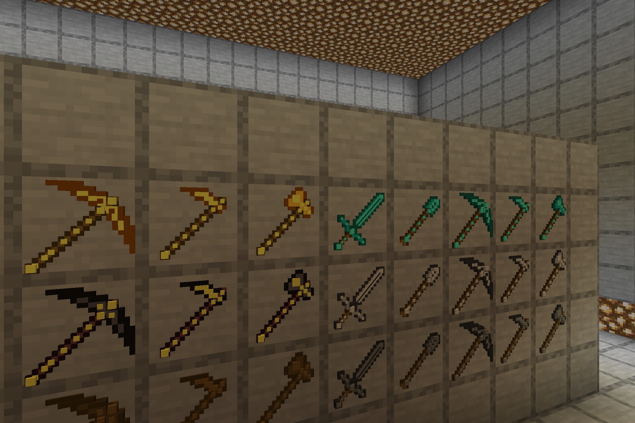MrSwords & Tools 3D Glowing Resource Pack Screenshot 6 Detailed 3D glowing swords and tools mounted inside wooden item frames