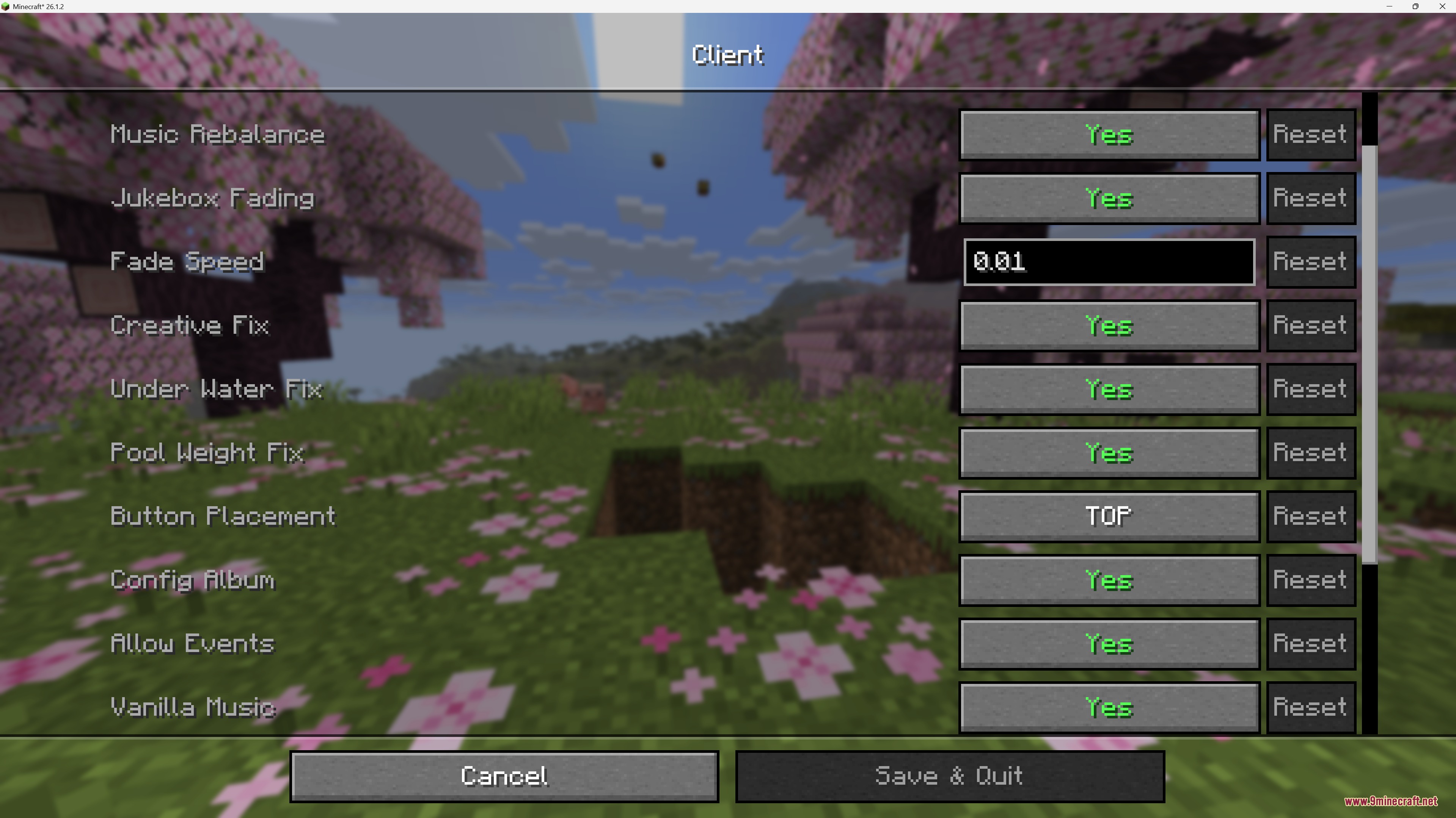 Music and Melody Mod Screenshot 4 Client configuration screen for adjusting music settings and audio features in Minecraft