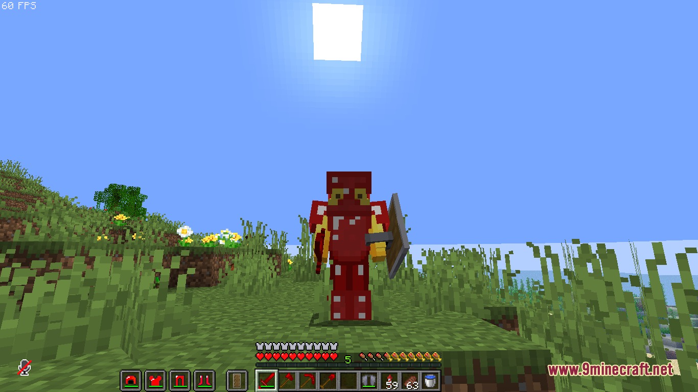 My Gem Mod Screenshot 1 Player wearing red gem armor and holding a shield in a field