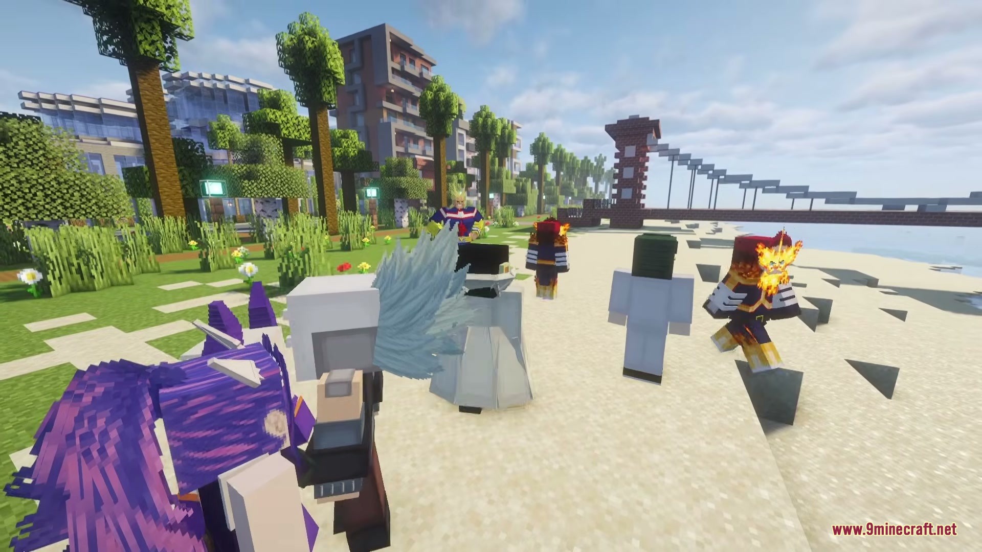 My Hero Craft MHC My Hero Academia Mod Screenshot 3 Anime heroes from My Hero Academia standing together on a Minecraft beach