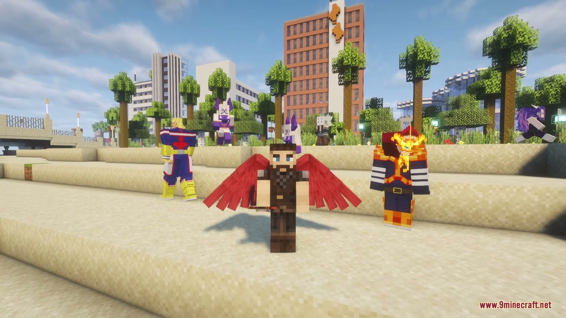 My Hero Craft MHC My Hero Academia Mod Screenshot 4 A player with red wings posing with heroes in the My Hero Craft mod