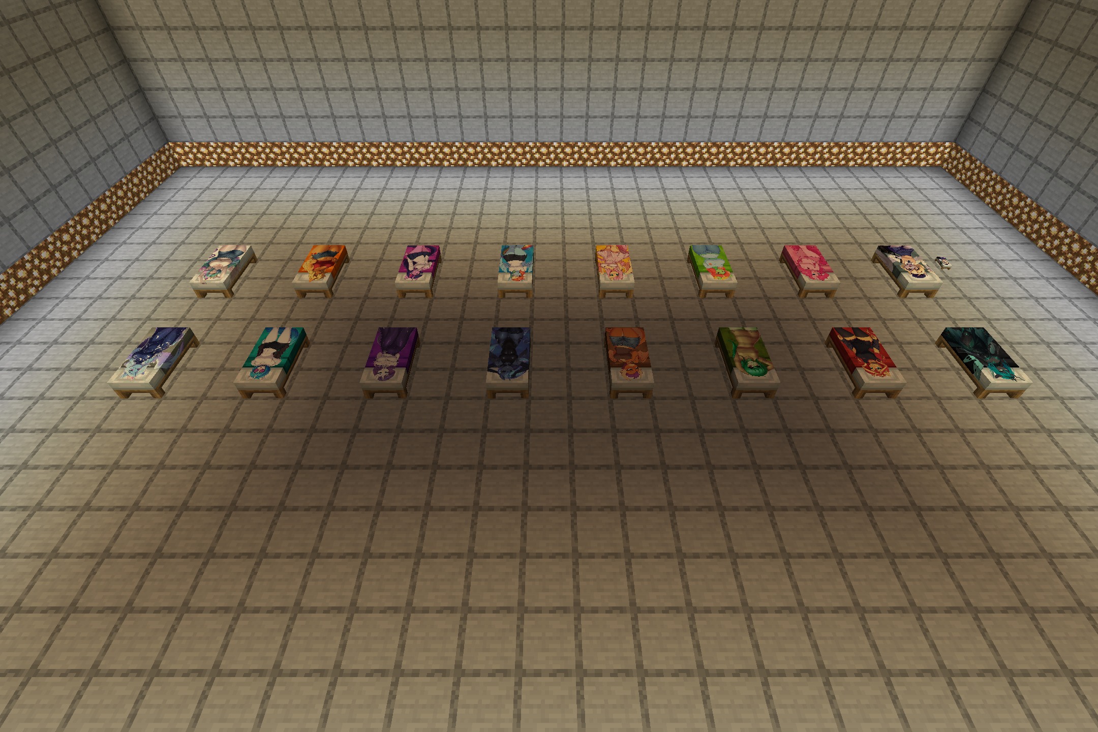 My Little Pony Girl Bed Resource Pack Screenshot 1 A spacious room showcasing many beds with custom My Little Pony character textures
