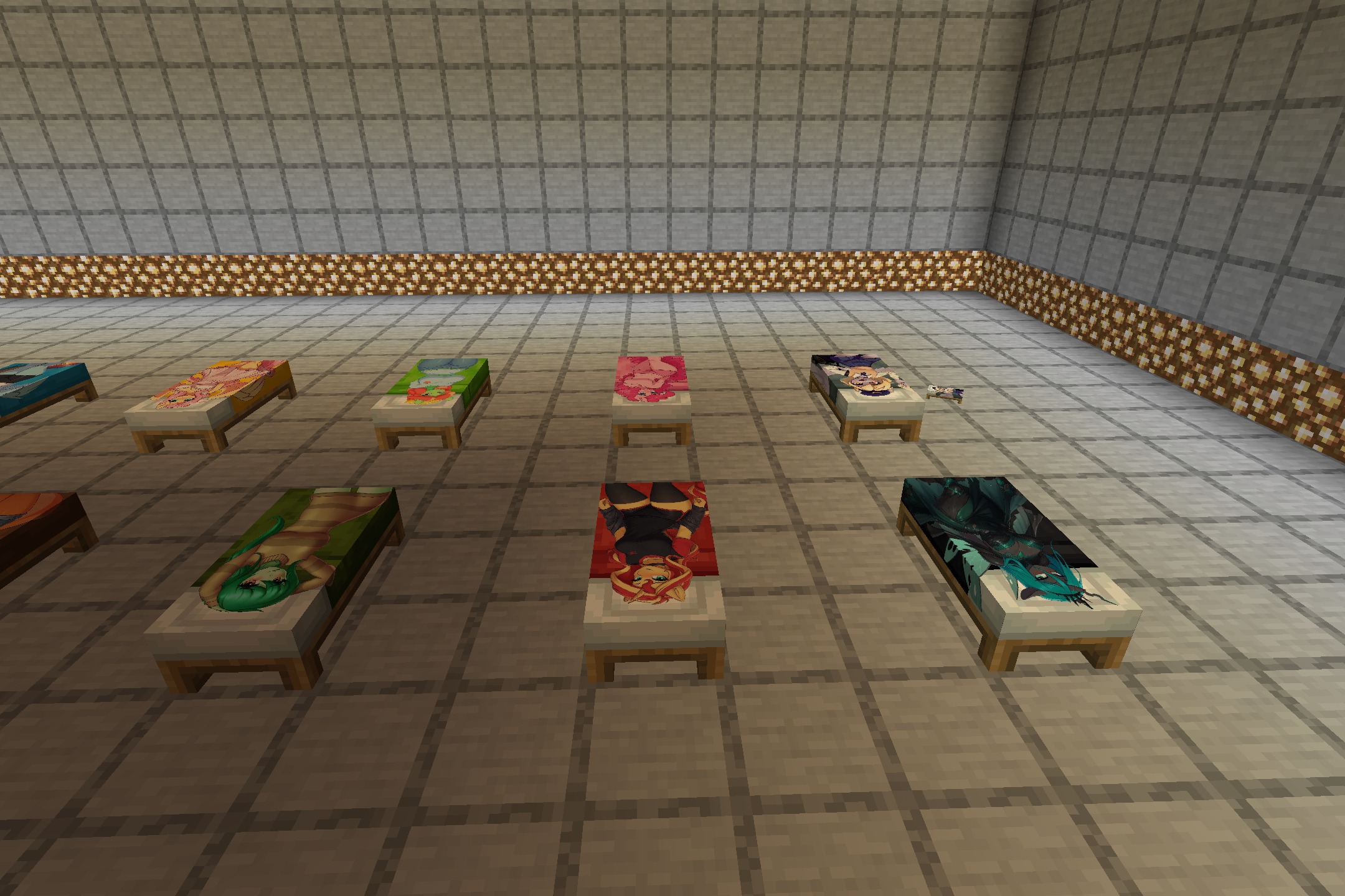 My Little Pony Girl Bed Resource Pack Screenshot 3 Rows of beds with custom pony character textures placed in a room