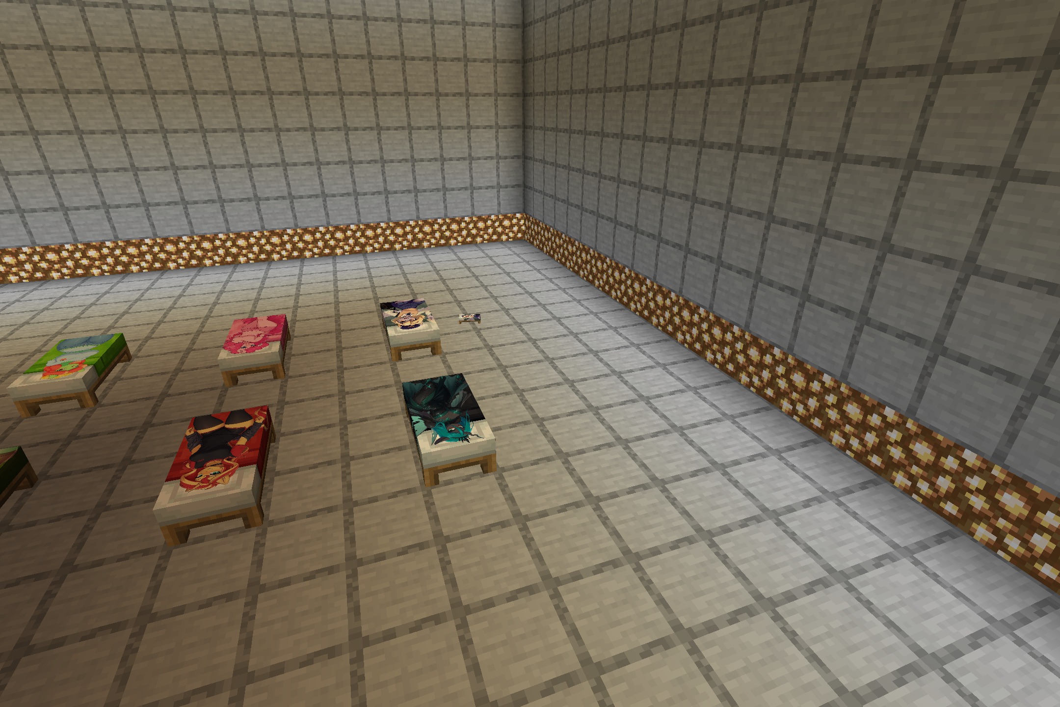 My Little Pony Girl Bed Resource Pack Screenshot 6 Different beds displaying unique character art designs inside a spacious Minecraft building